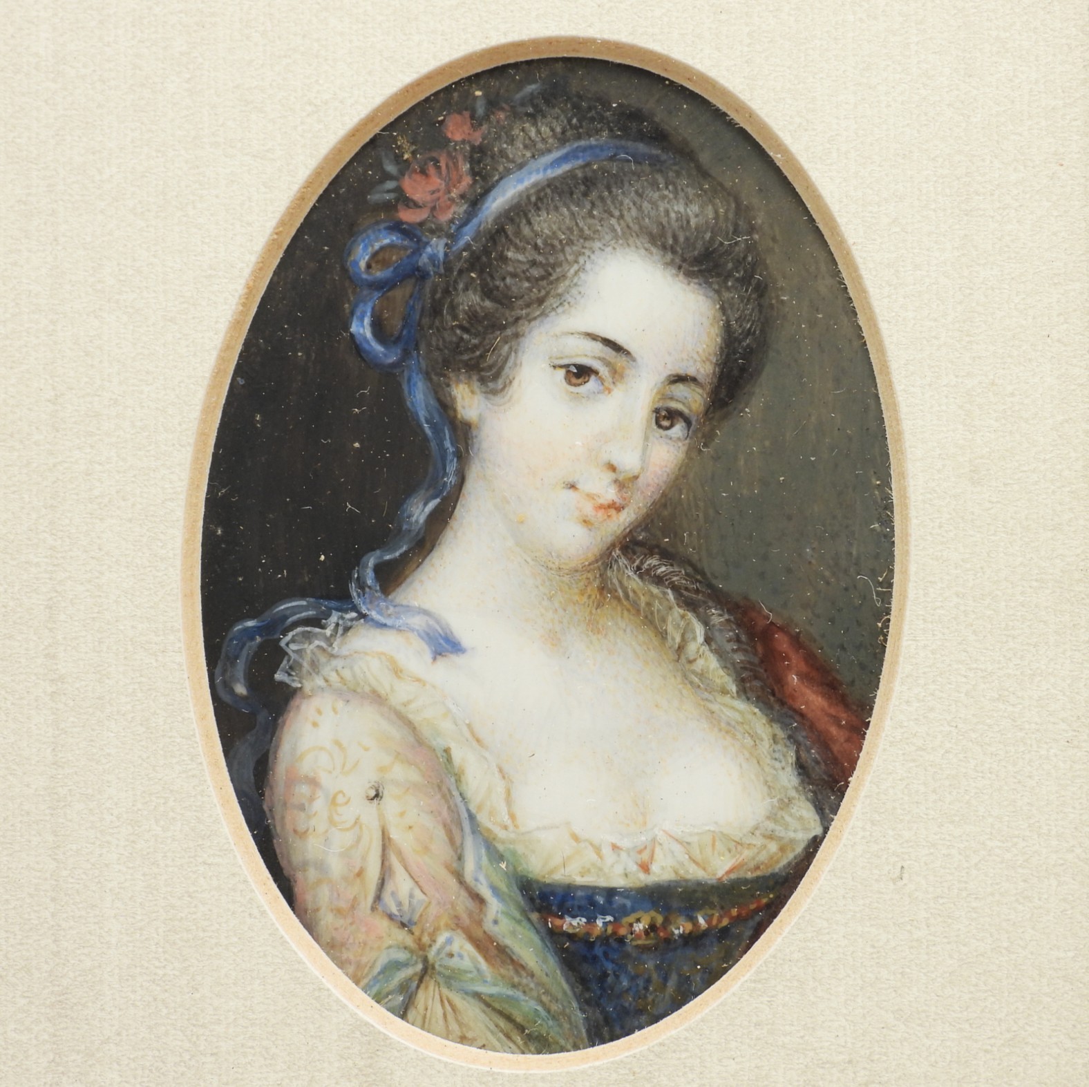 19thC. European Miniature Portrait WC Painting of Beautiful Woman Brass Frame