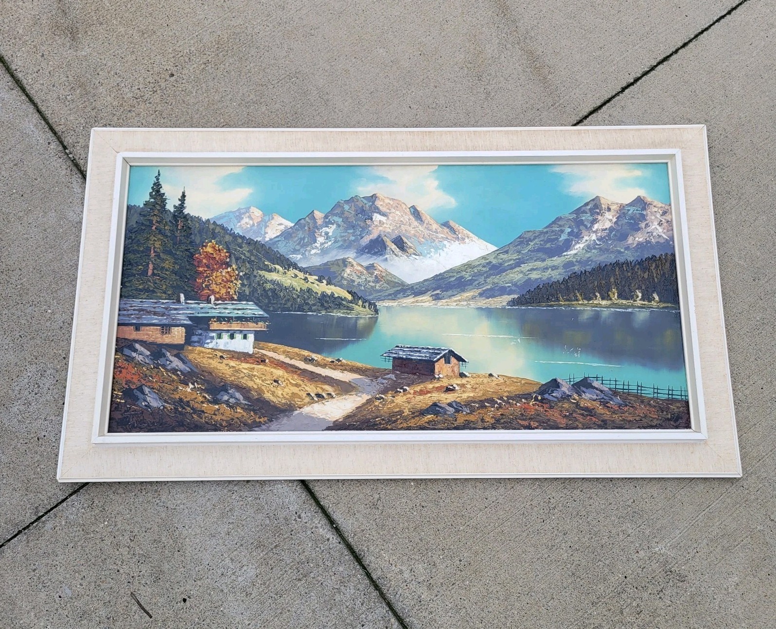 Mid Century Modern Swiss Alps Landscape Impasto Painting Large Nice Frame Signed