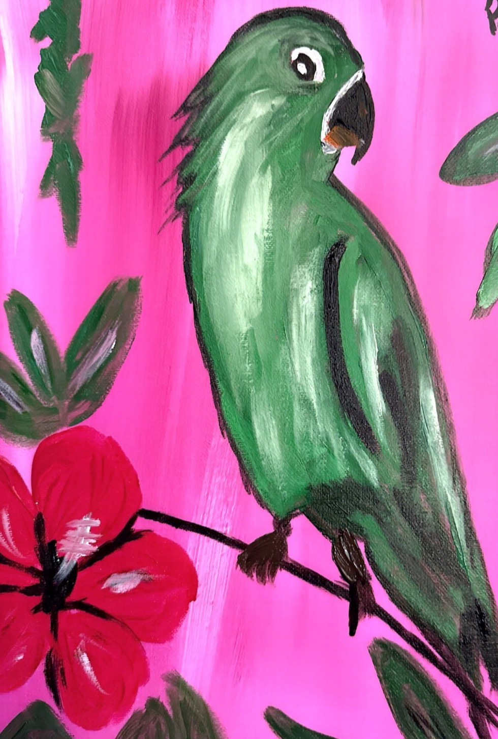 Parrot Bird Painting 14×11 Tropical Folk Art Canvas Signed Home Wall Decor