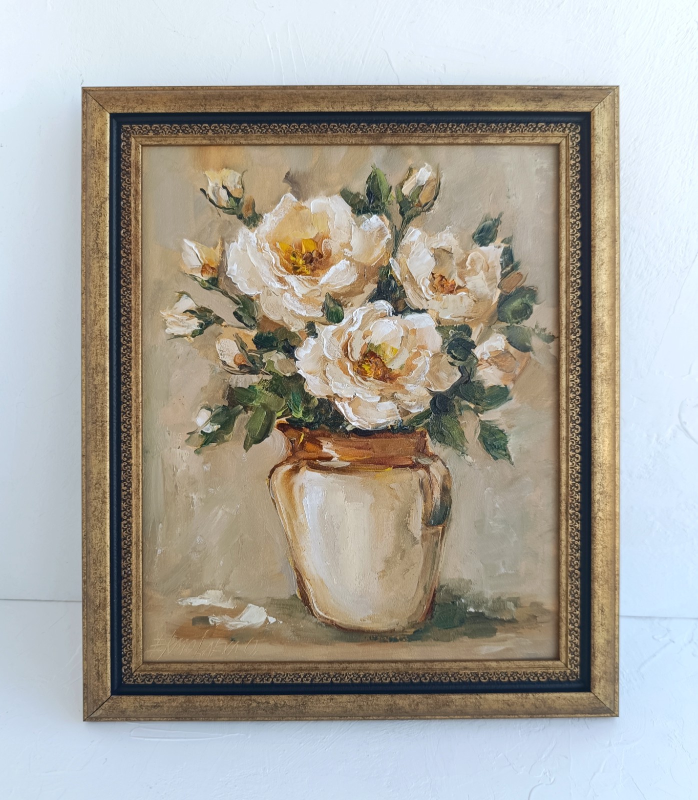 White Roses in a Vase Original Oil Painting Framed Floral Wall Art 8×10 in
