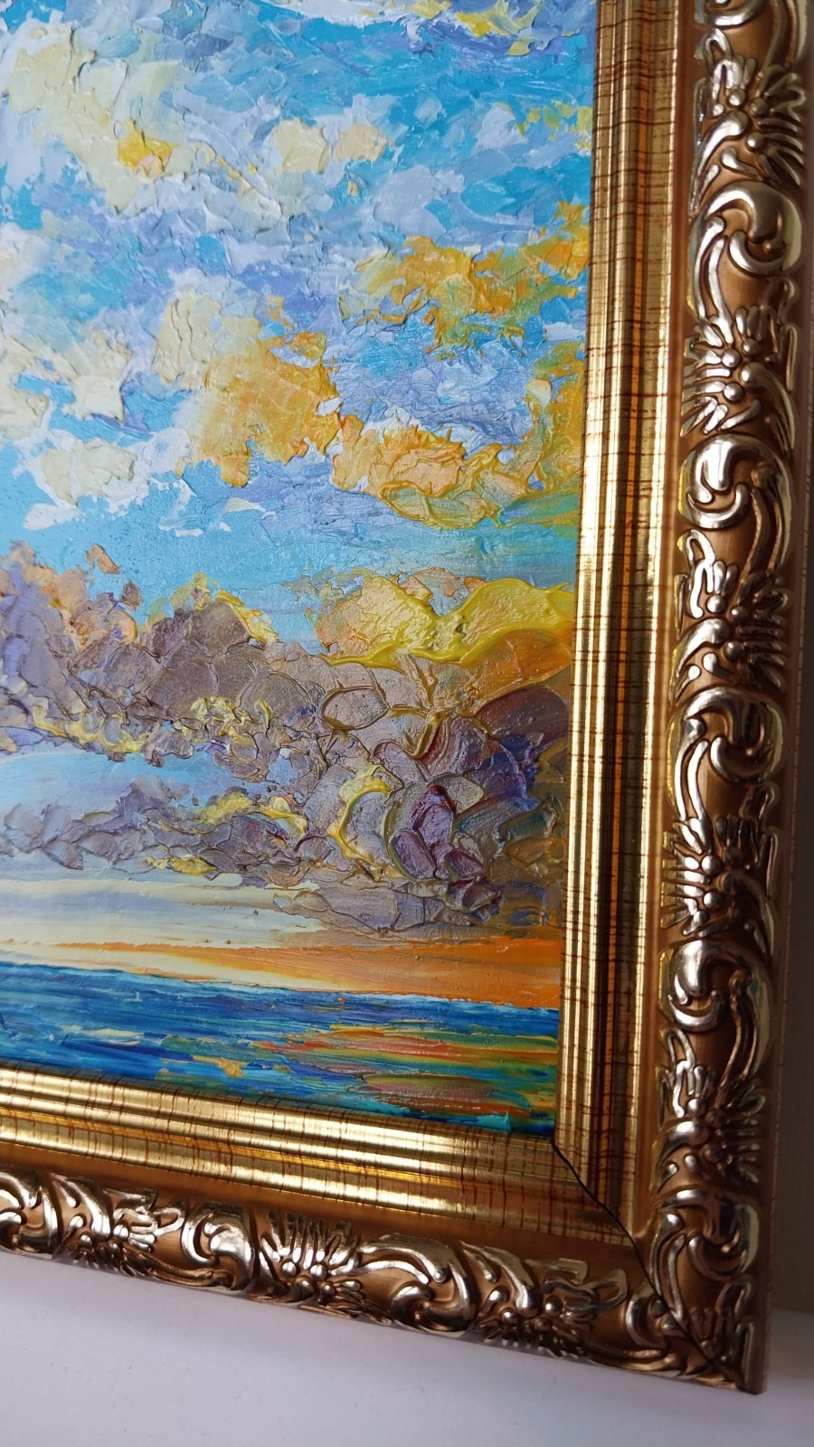 Framed Sunset Seascape Clouds Over Sea 4×6″ Original Oil Painting Impasto Art