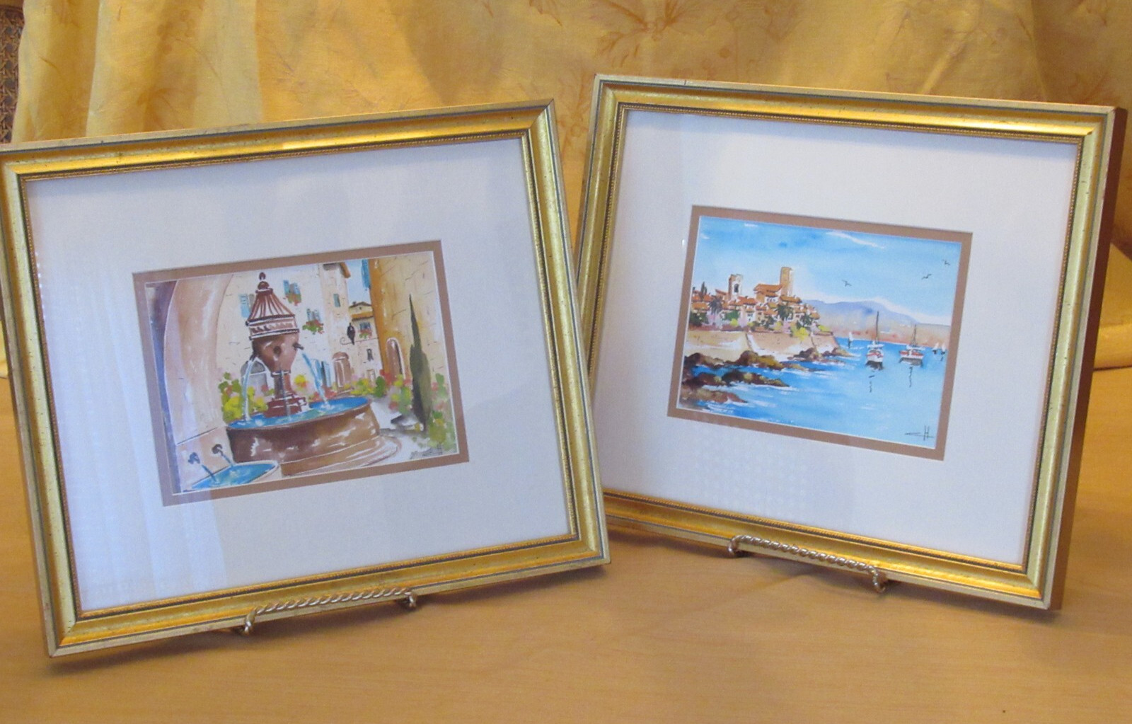 Original Matching Pair Watercolors City Port & Fountain Signed, Matted & Framed