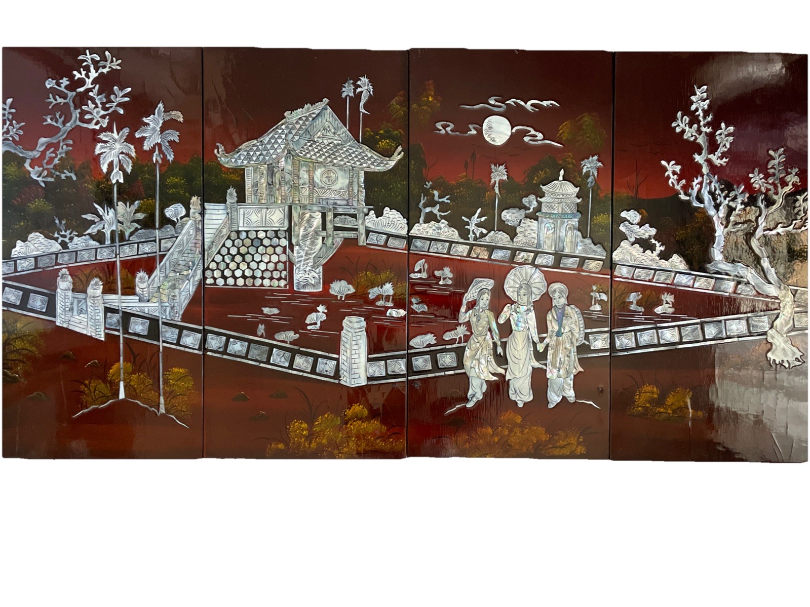 Asian Vietnamese 4 Lacquer Piece Artwork 23″HX45.6″L