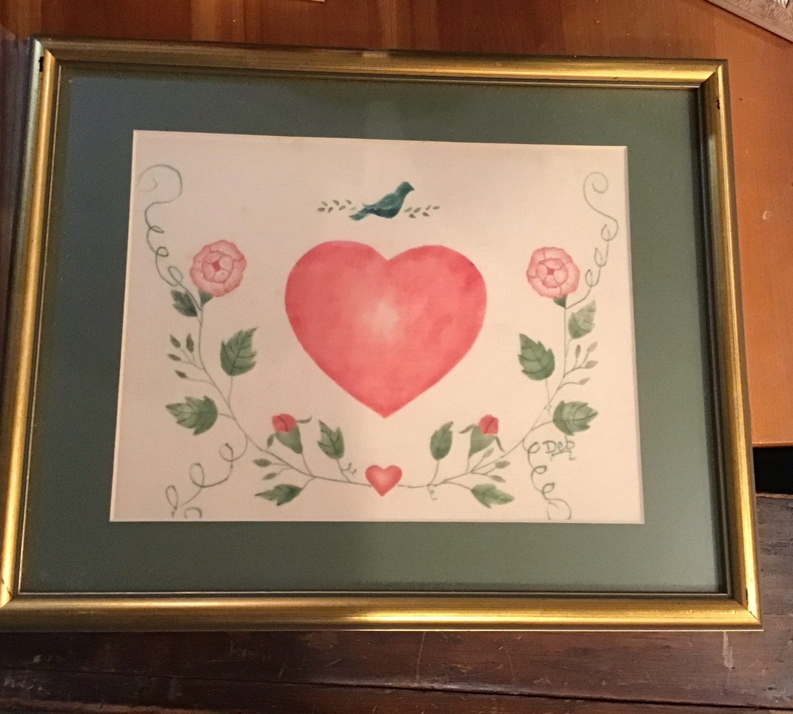 Folk Art Traditional Theorem Painting Floral & Heart Signed Framed 15” X 12”