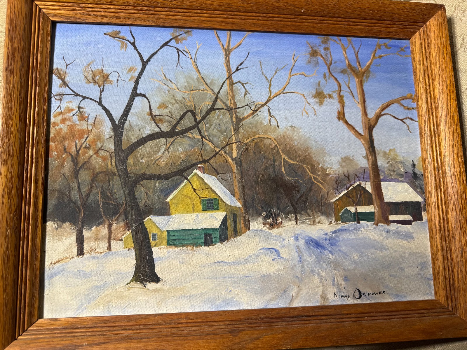 Kerry Osipower «Winter Landscape With Homes Scene» Oil Painting – Signed/Framed