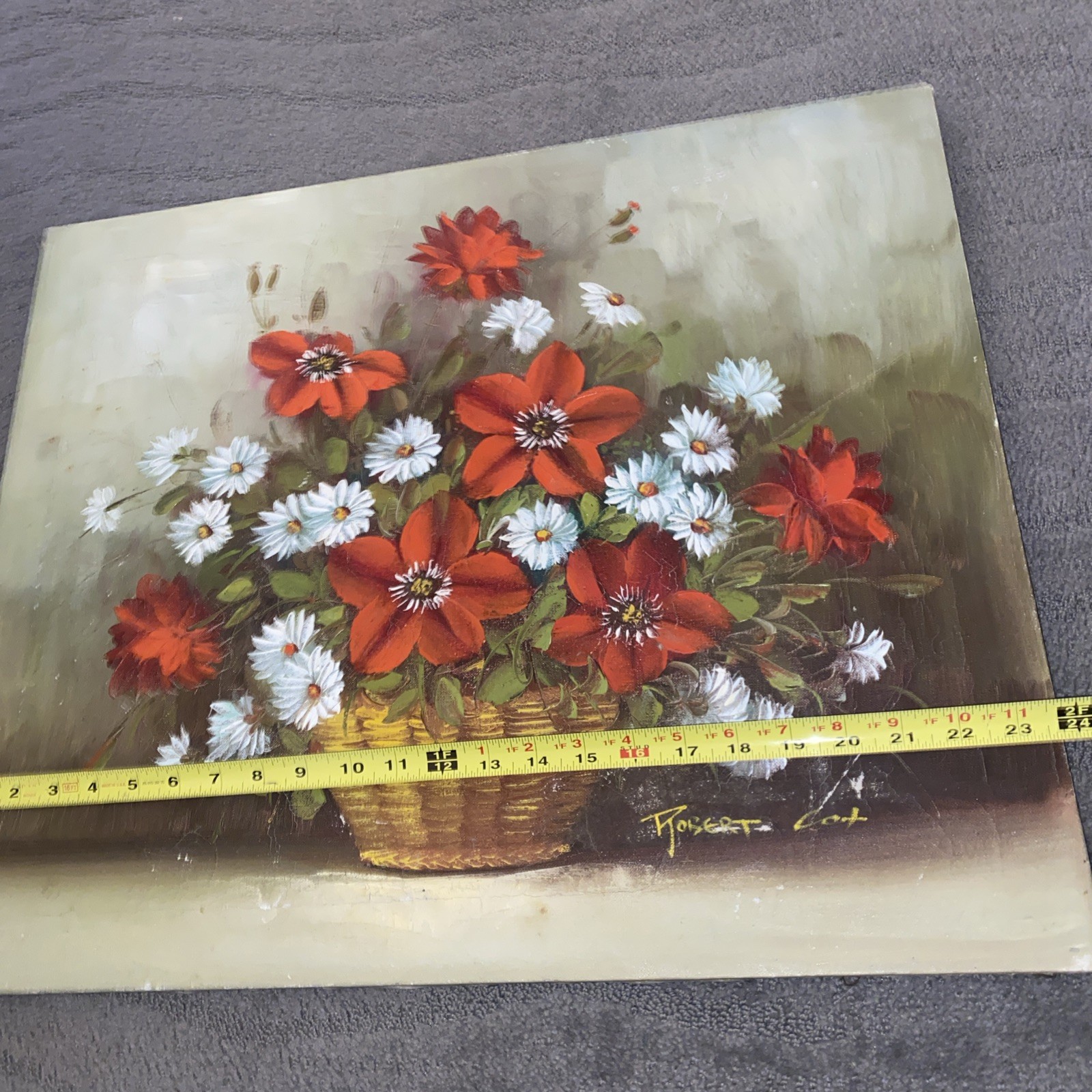 Vtg Signed Robert Cox Oil on Canvas Red Floral Daisies Still Life 24” X 20”