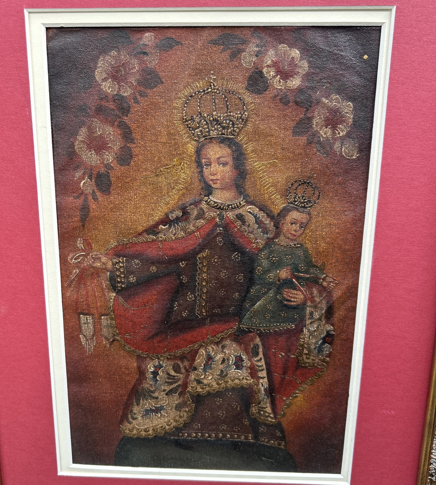 Antique Cuzco School Madonna with Child, Oil on Canvas