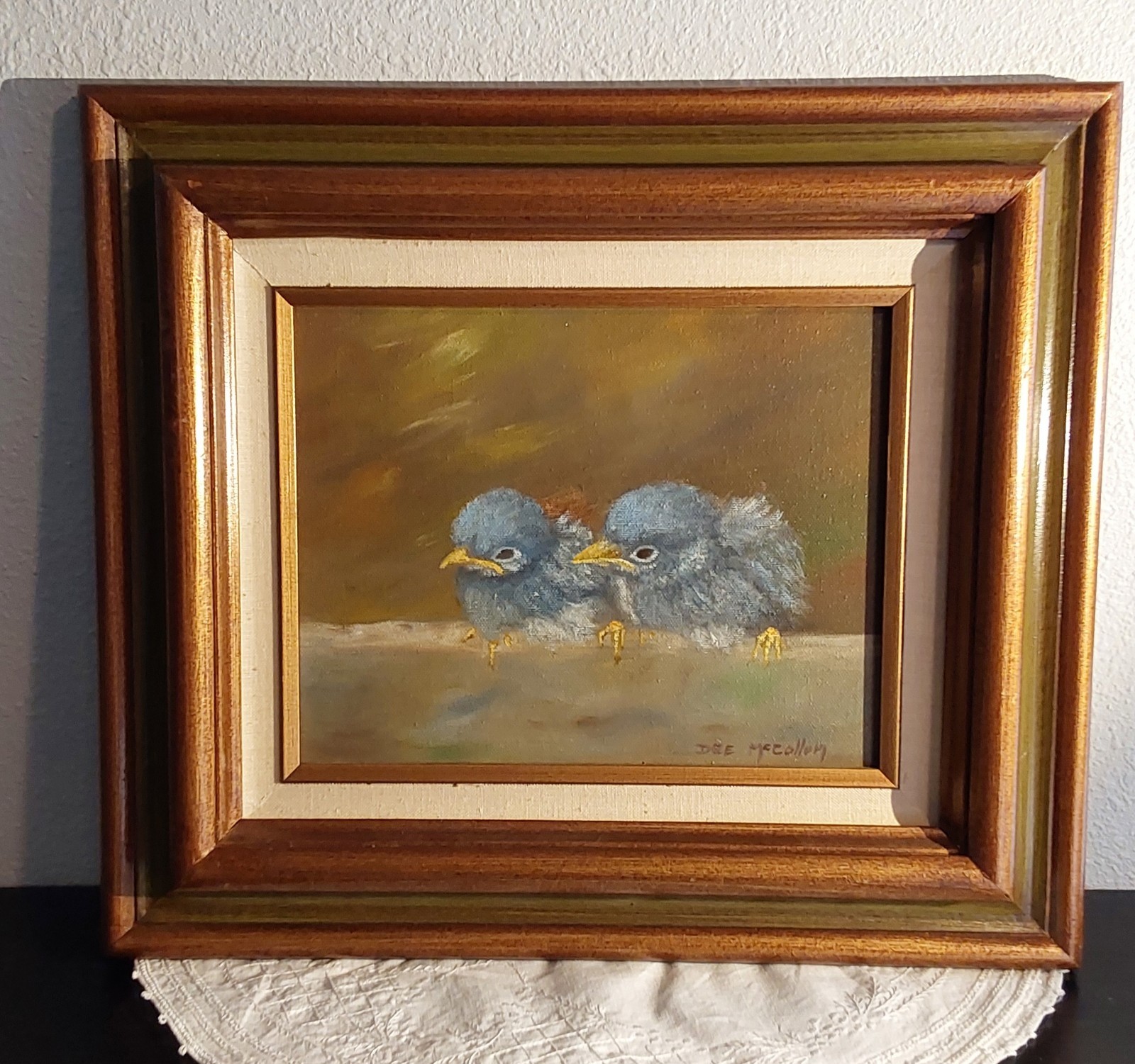 Vintage Small 10″x8″ Original Oil Painting 2 Fat Baby Birds Signed Dee McCollum