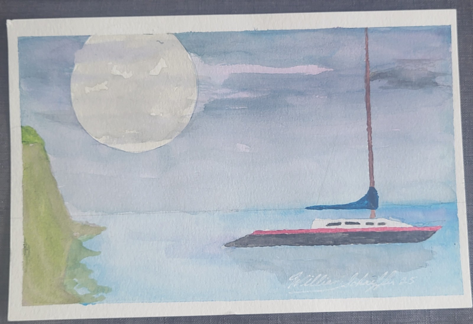 Original Schaeffer Watercolor Painting «Full Moon» Sailboat Signed 9×6 Original