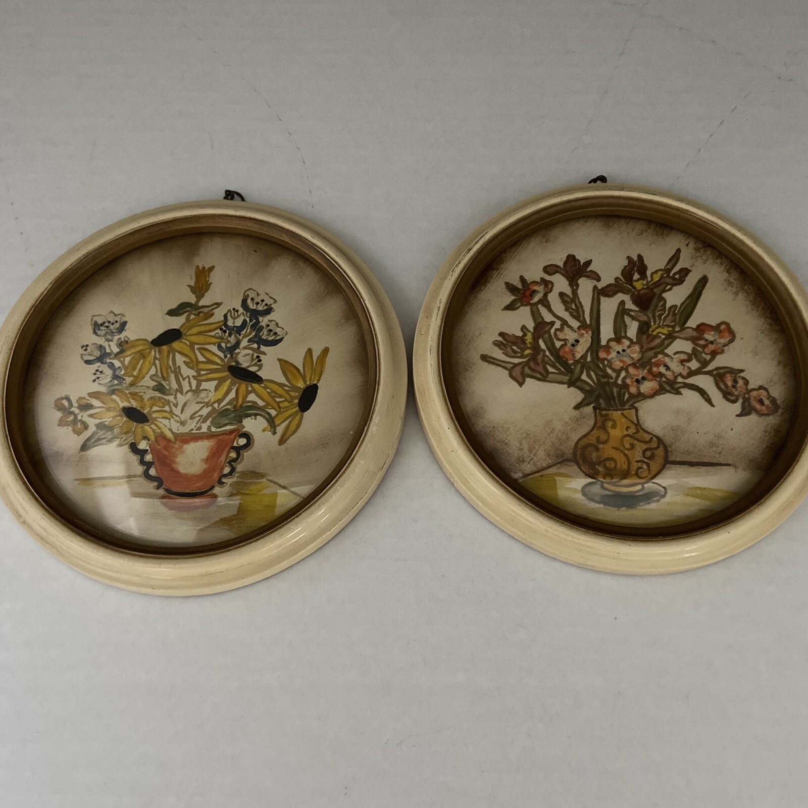 Vintage Art Bubble Glass Round Lacquer Paintings Retro MCM Done by Hand Set of 2