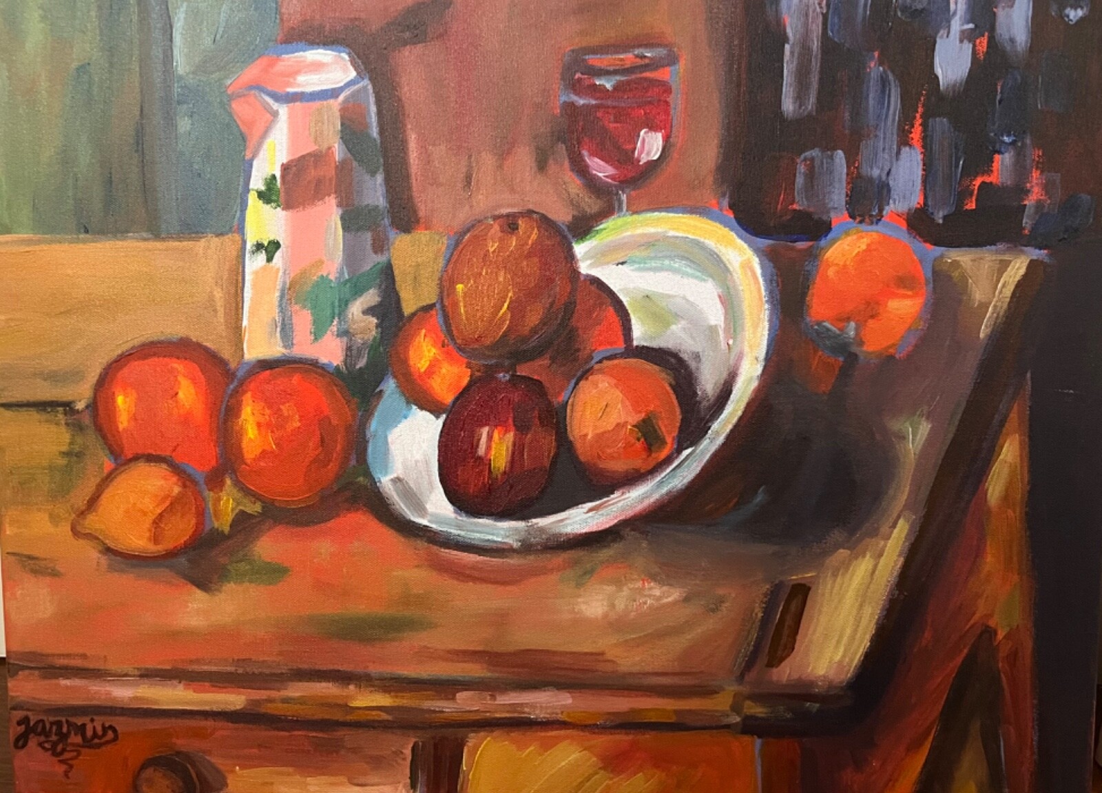 Still Life, Expressionism Fruit Bowl and Whine Painting ONE of a Kind Art Signed