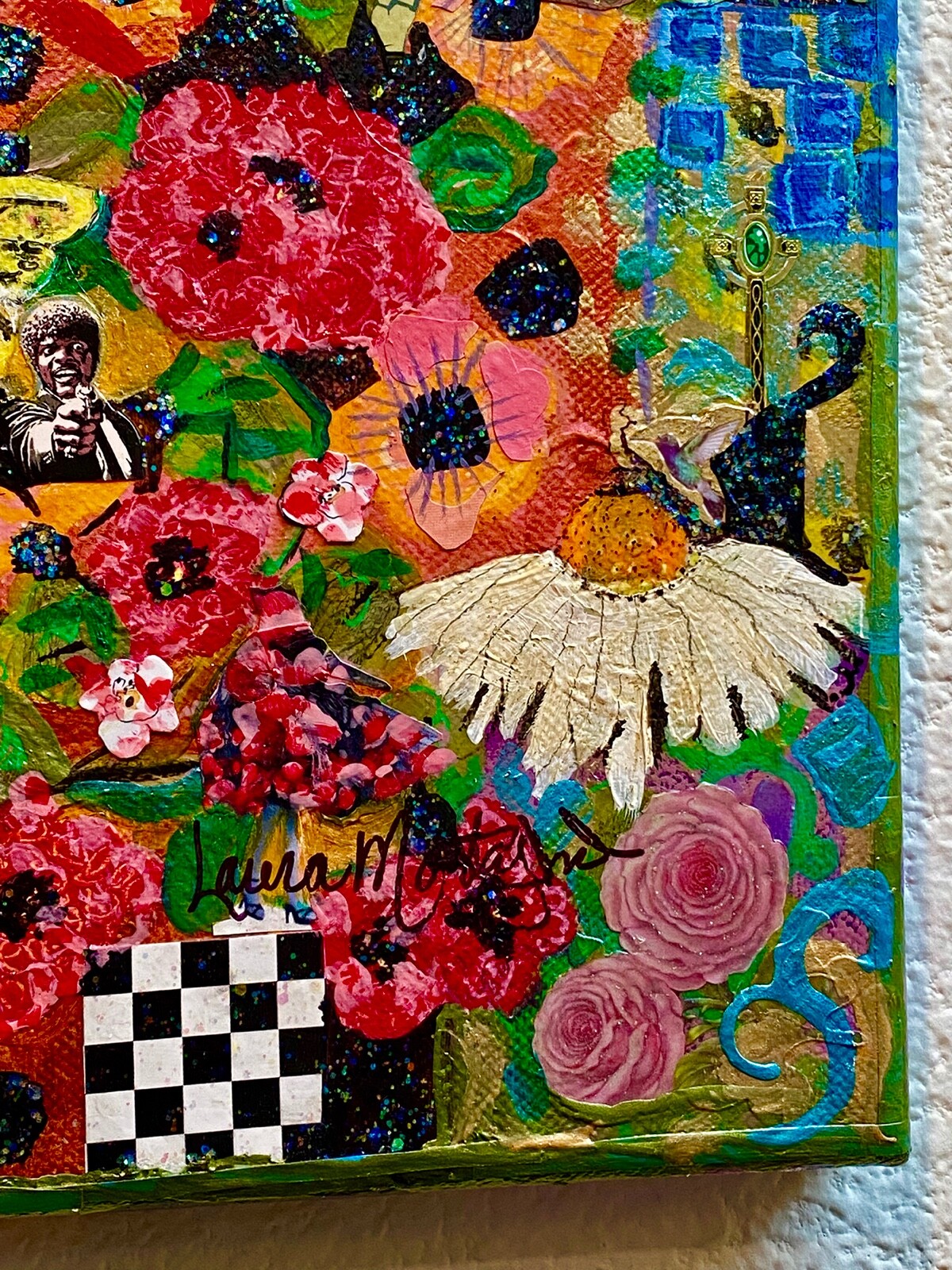 «GARDEN PARTY» LAURA MOSTAGHEL MIXED MEDIA COLLAGE ASSEMBLAGE ON CANVAS 20″X24″