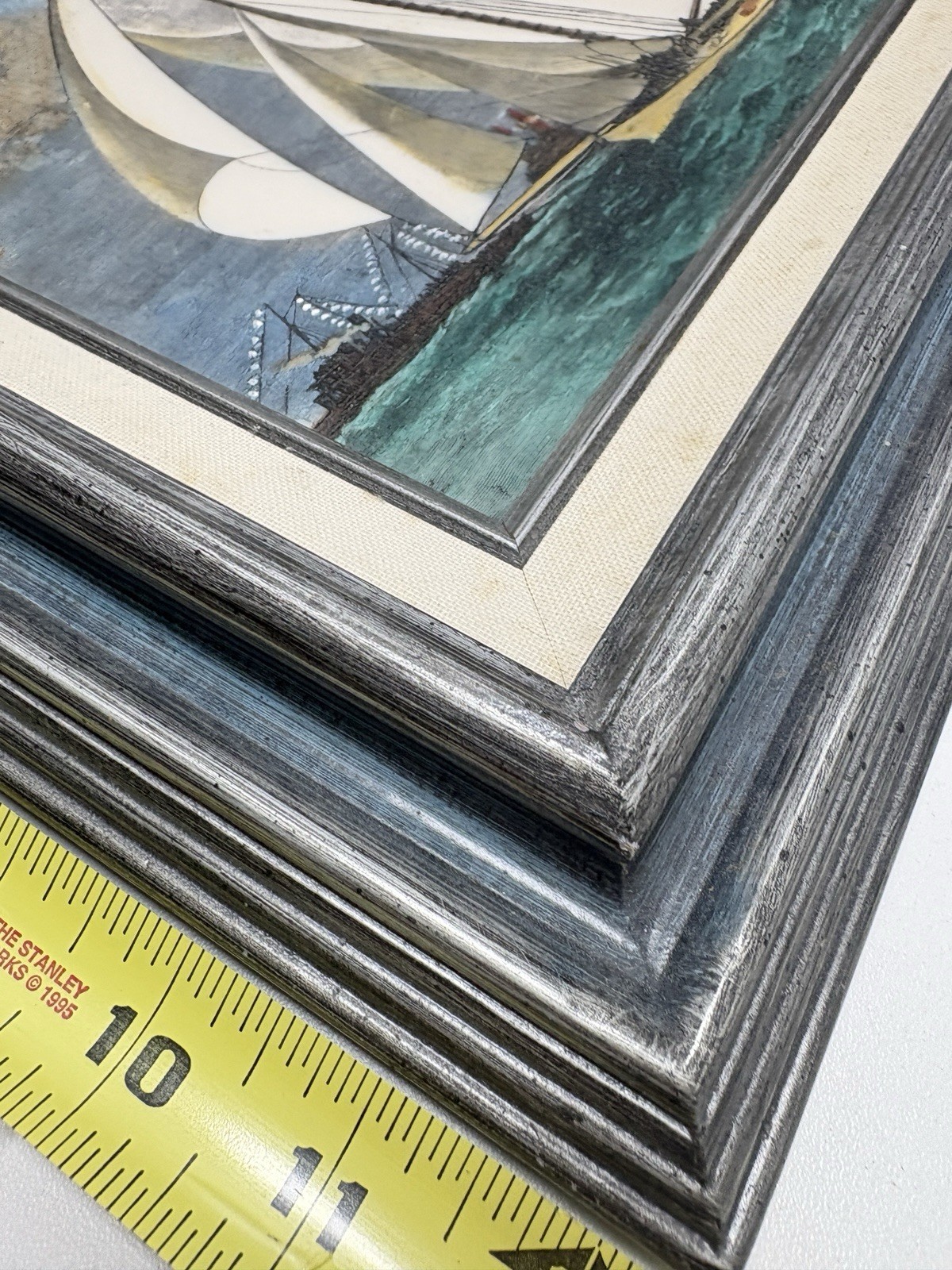 Vintage «KEEP ASTERN» SAIL SHIP SEA Framed Painted ETCHING On Glass 14.5 X 12.5