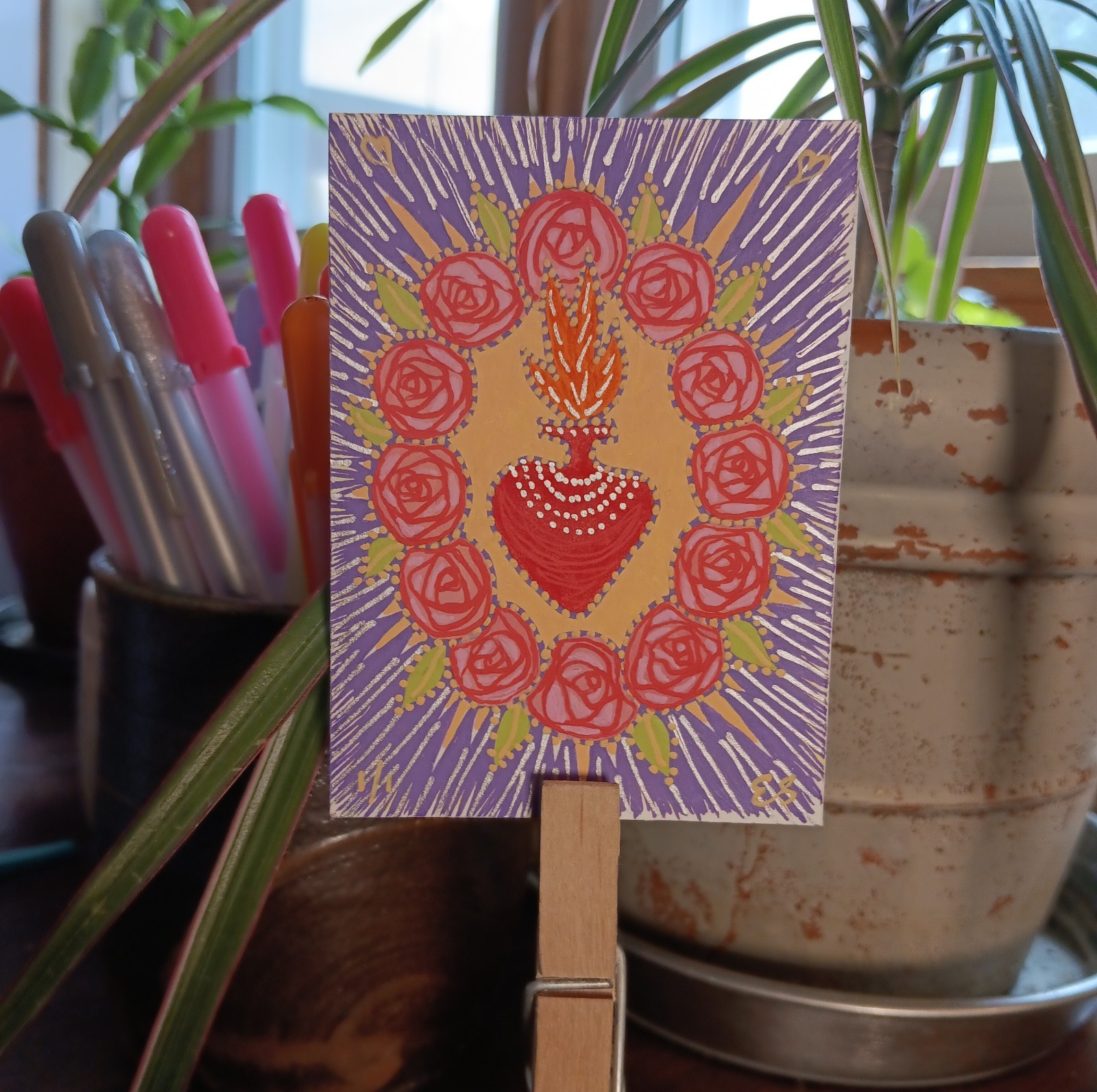 ❤️ACEO Original Painting Signed by Outsider Artist ES 2.5×3.5″ You are loved.