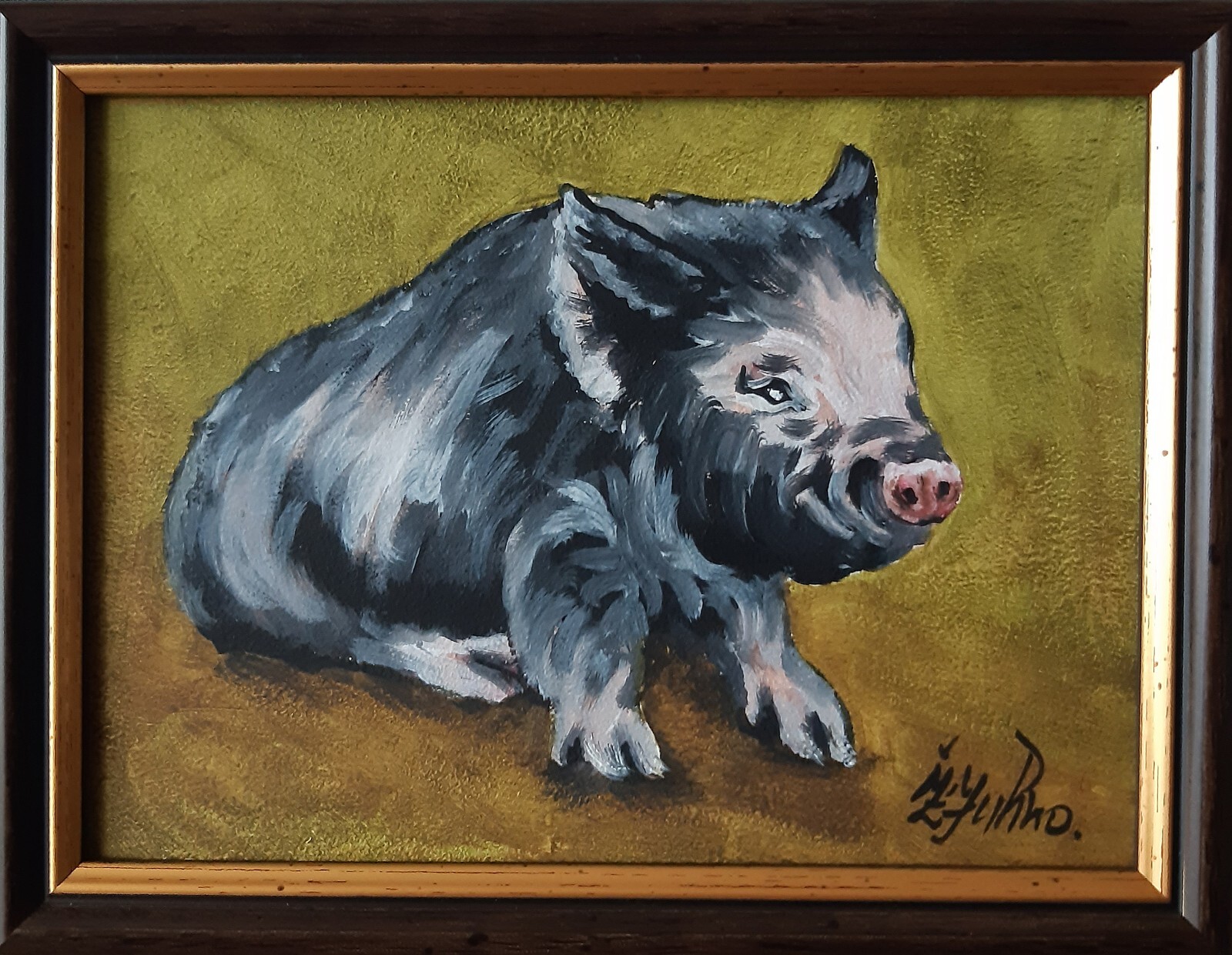Pig Original Oil Painting Farmhouse Painting Framed 7 x 5 in Farm ann Animal Art