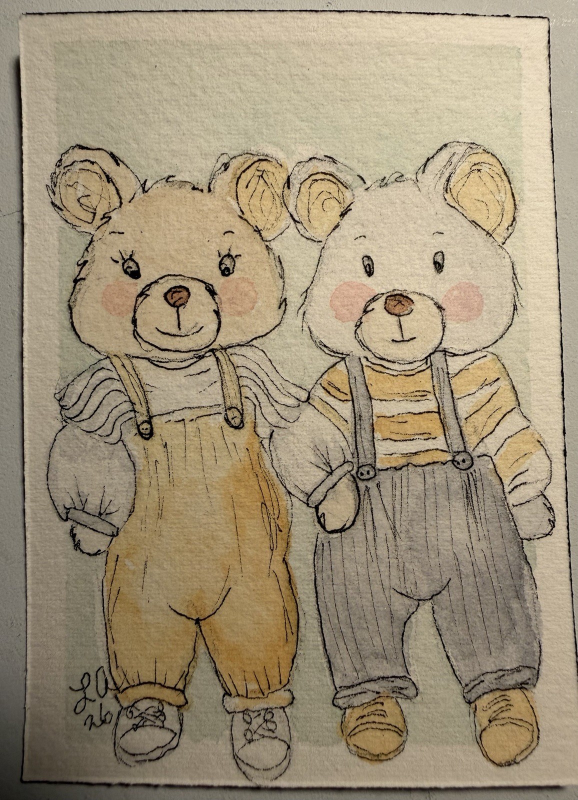 ACEO Bears Twin Babies Original Watercolor OOAK