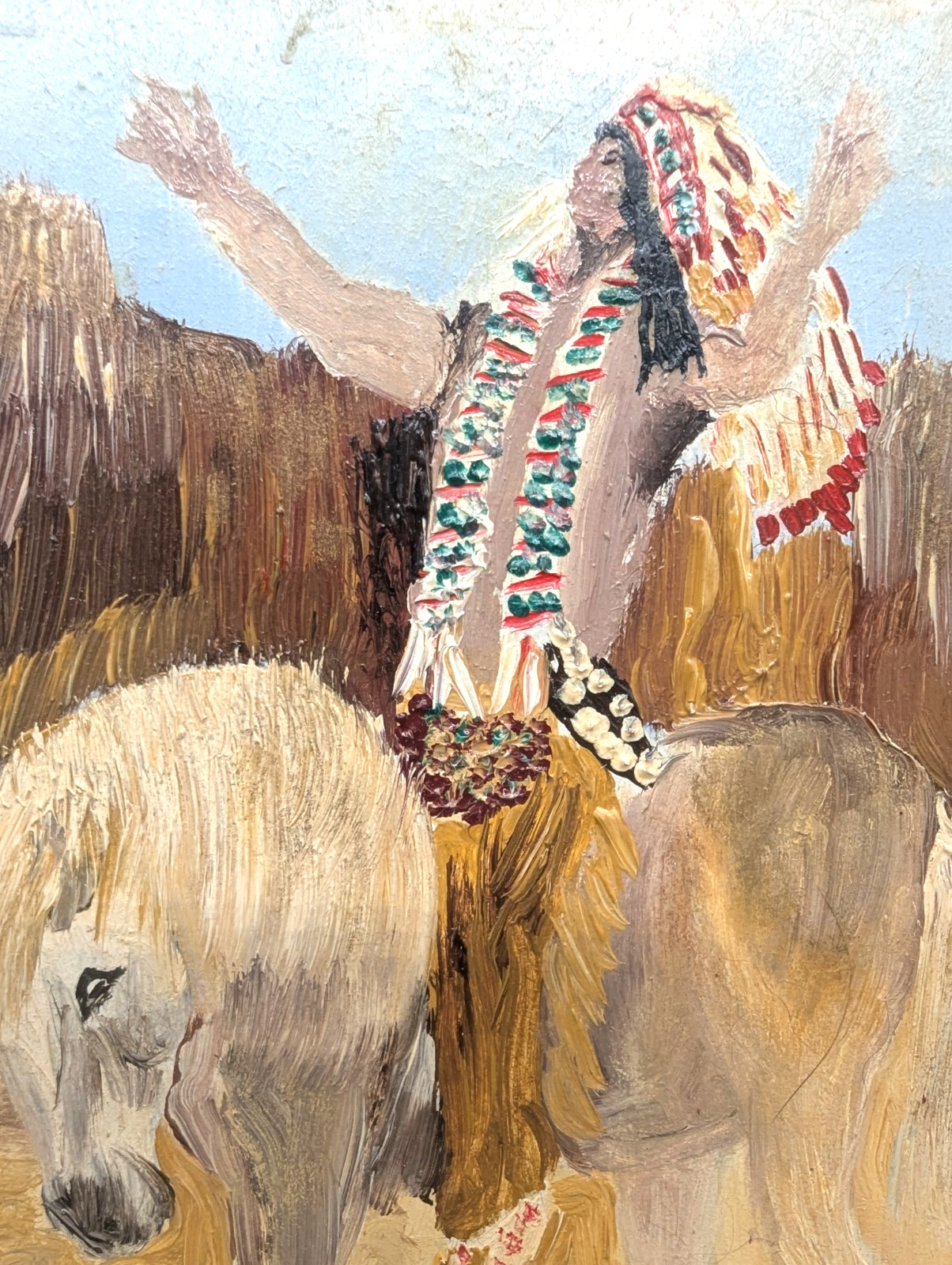 Original Hand-Painted Native Chief Oil on Vintage Cabinet Door Rustic Southwest