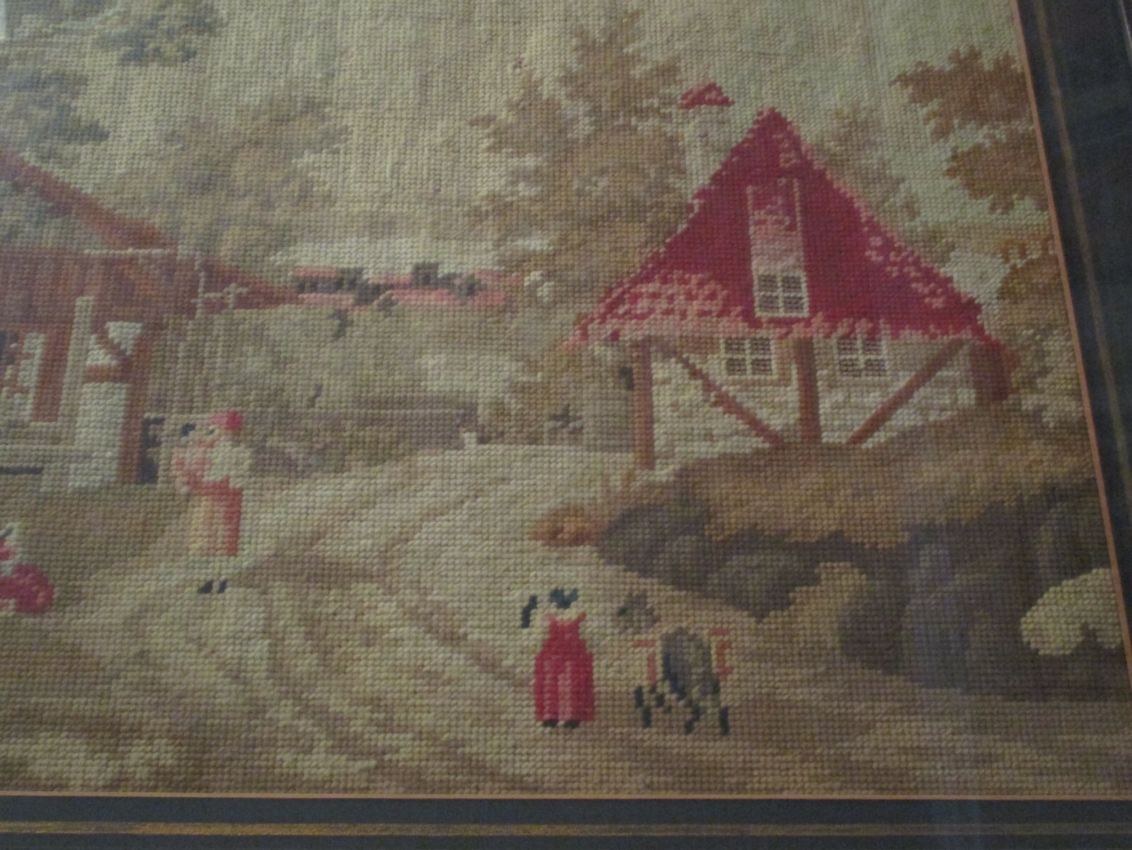 MARY GERTRUDE FERDON NEEDLEPOINT PAINTING 1850 FOLK ART LANDSCAPE NAIVE ANTIQUE