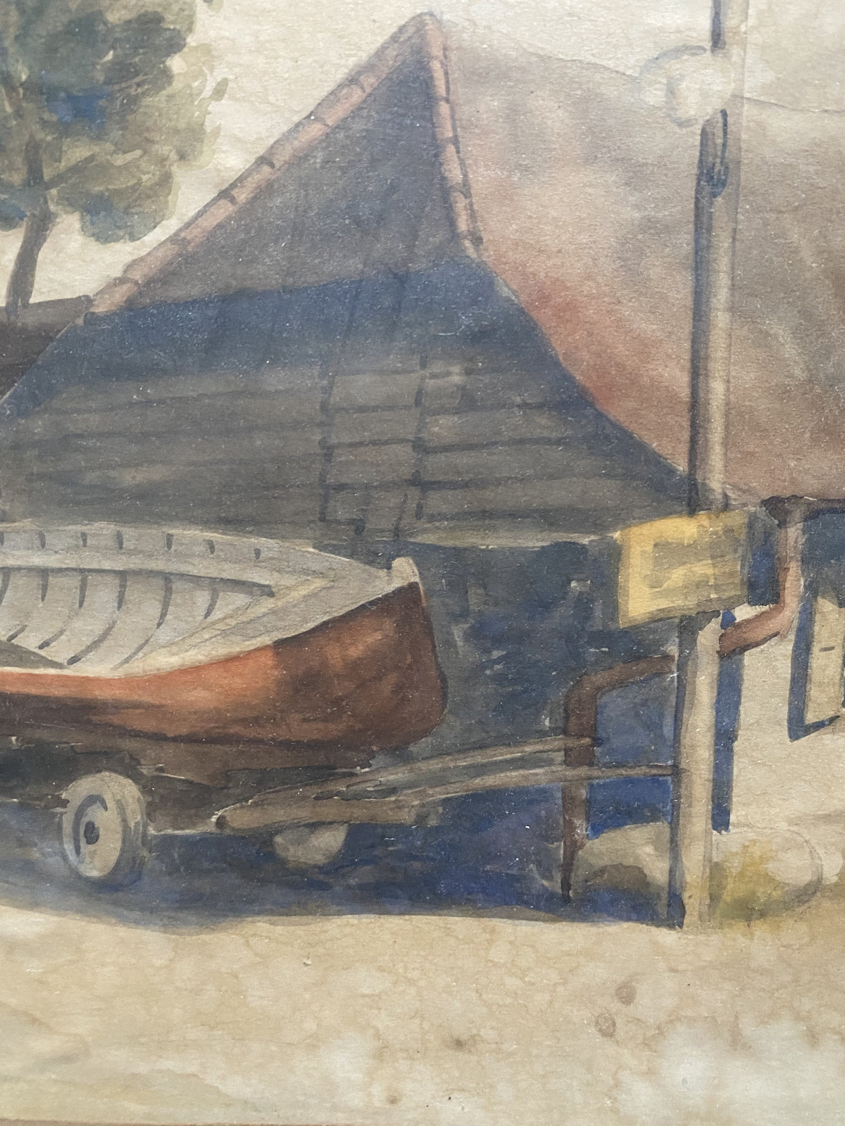 WATERCOLOR CIRCA 1930 BOAT ON TRAILER VILLAGE FARMHOUSE ANTIQUE SIGNED F.P BAUM