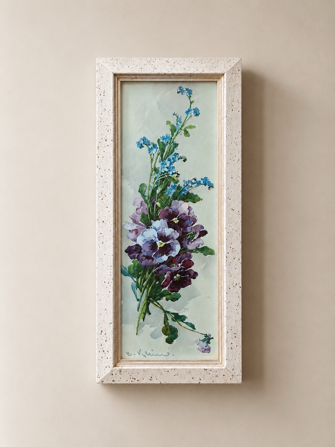 Vintage Signed Floral Watercolor Print Framed Pansies Cottage Wall Art