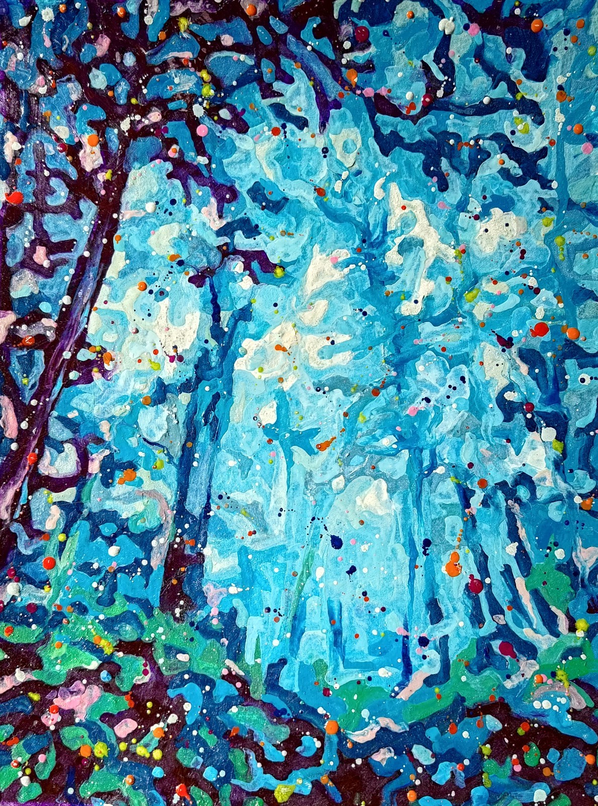 Original painting, Forrest, landscape, colored wax, signed, 12×9.5