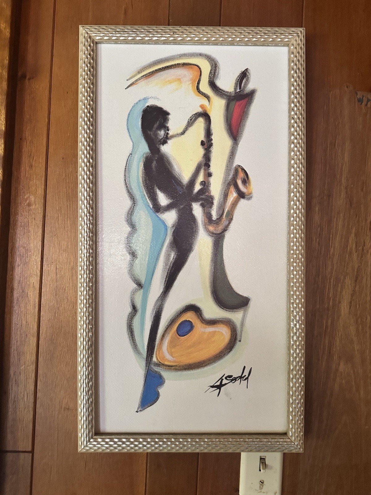 A. Scott Modern Framed Signed Saxophone Musician Painting on Canvas