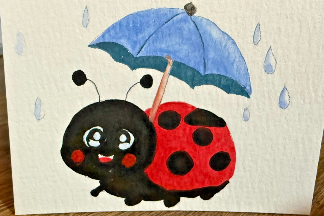 ACEO Original OOAK Signed (Not a Print) Ladybug & Umbrella in Rain Art Card