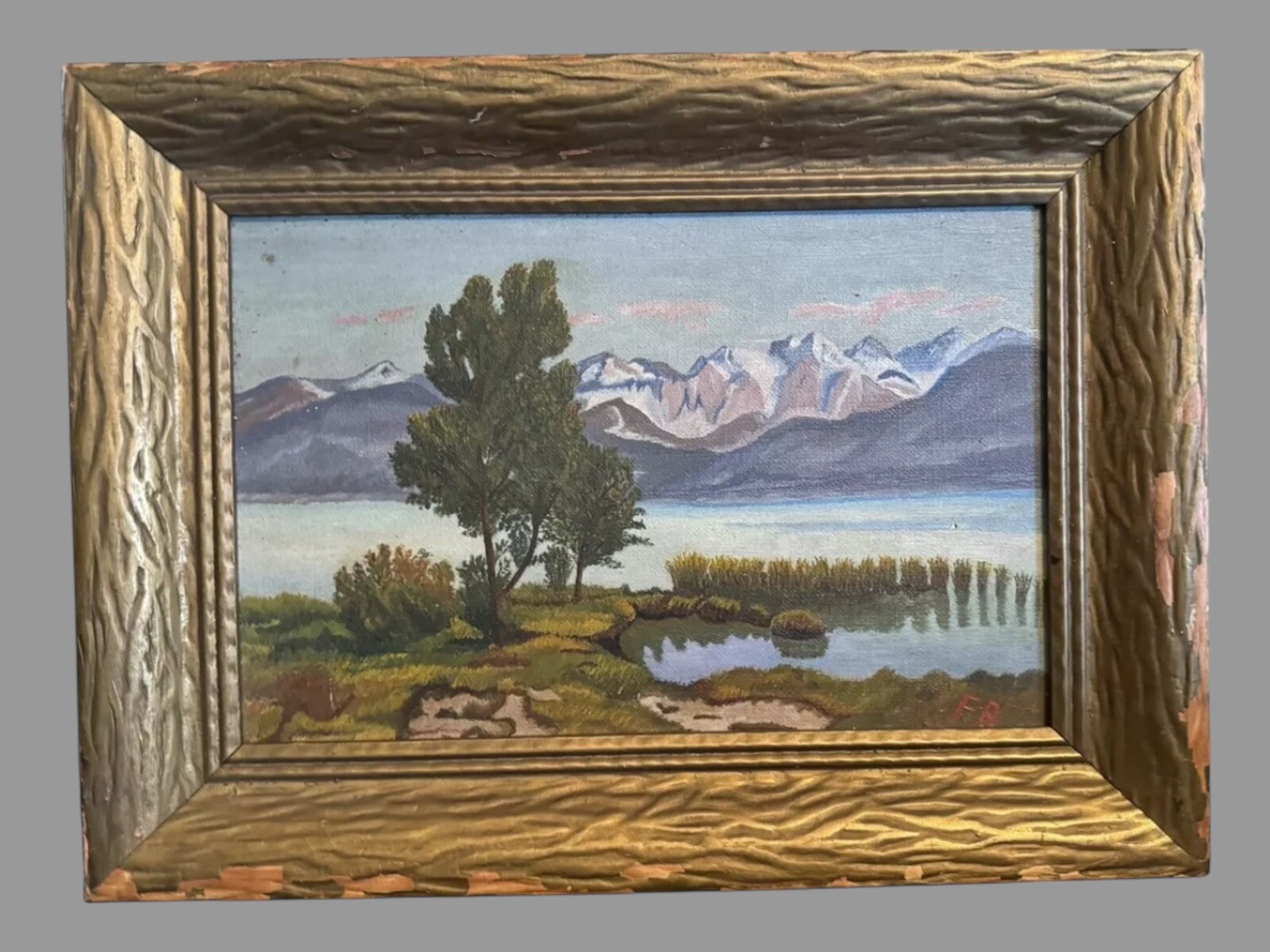 Vintage Arts & Crafts Style Gilt Framed Landscape Oil Painting on Artists Board