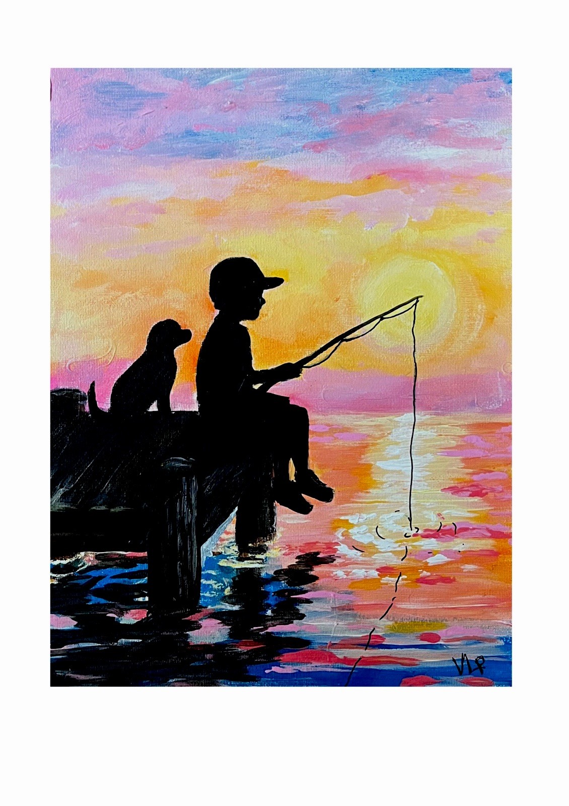 Original Sunset Silhouette Boy Fishing Dock Lake Dog Acrylic 9×12” Canvas Panel