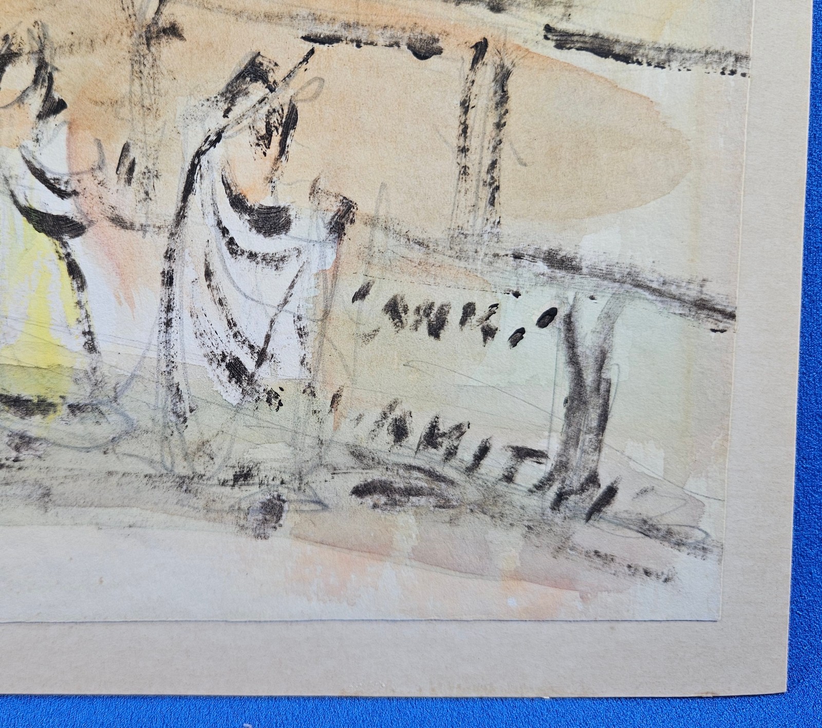 «Rabbis at Wailing Wall Jerusalem» Mixed Media Watercolor Signed by Artist