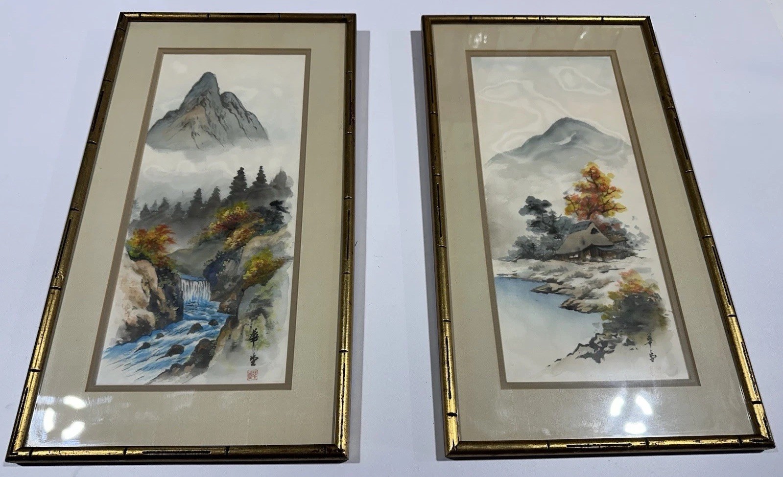 Asian Landscape Prints on Silk – Waterfall & Cottage Scene –Signed-1981 Vintage