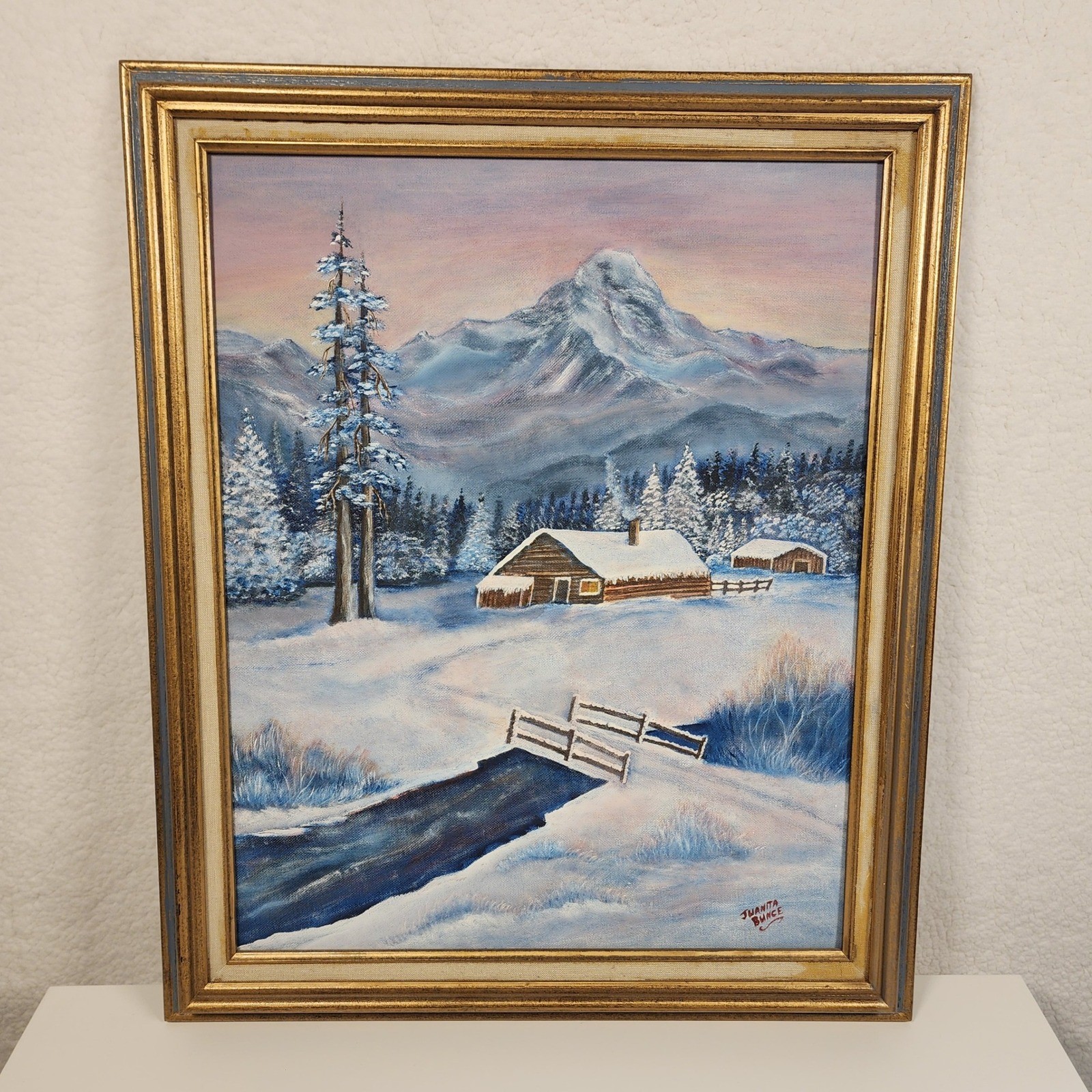 Juanita Bunce Original Acrylic Painting Winter Cabin Mountain Snow Scene Framed