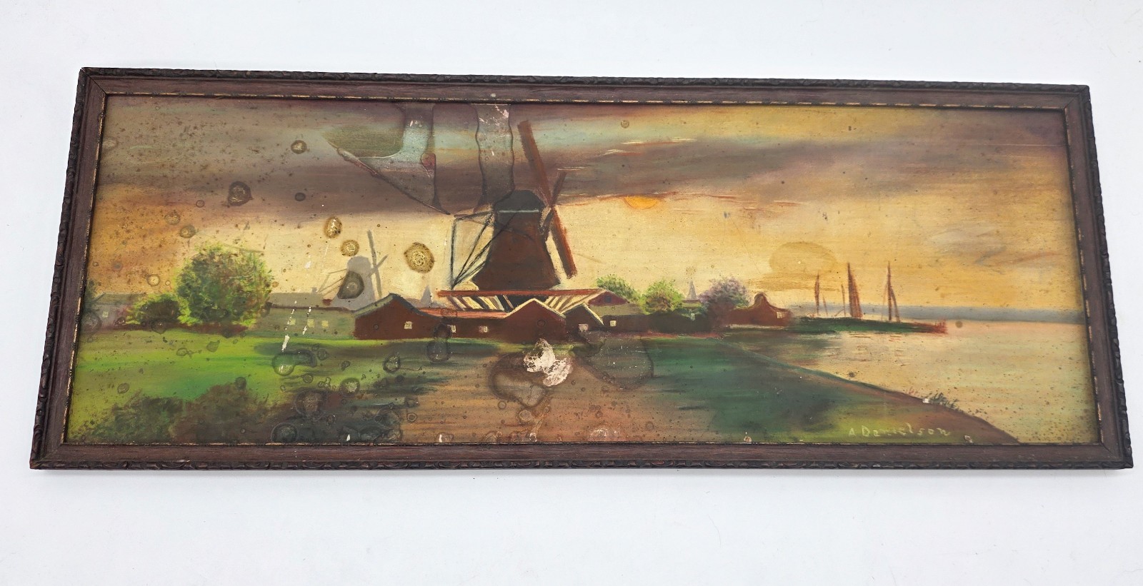 Antique Dutch Windmill Pastel Painting A Danielson AH Abbott Chicago Board Frame