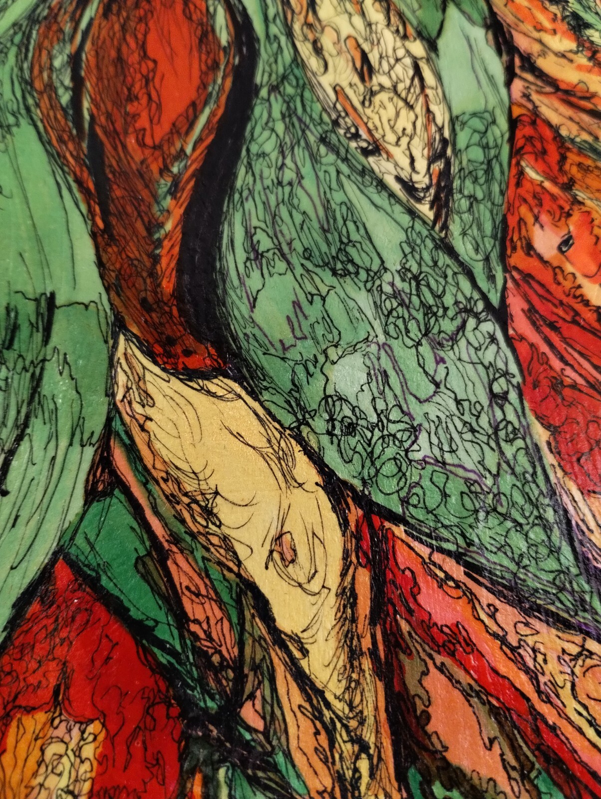 Framed Original Signed Acrylic Modern Painting Heavy Paper Bold Floral Red Green