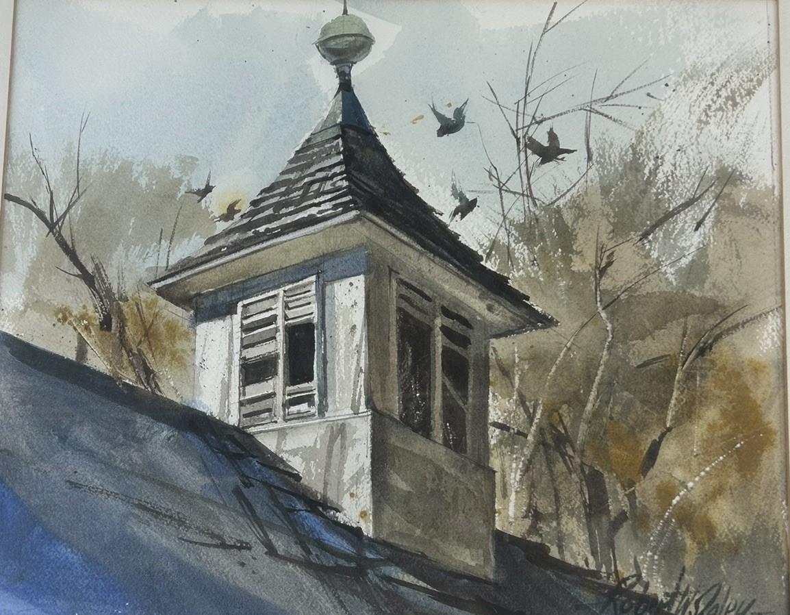 Robert W. Daley signed original framed watercolor steeple birds trees