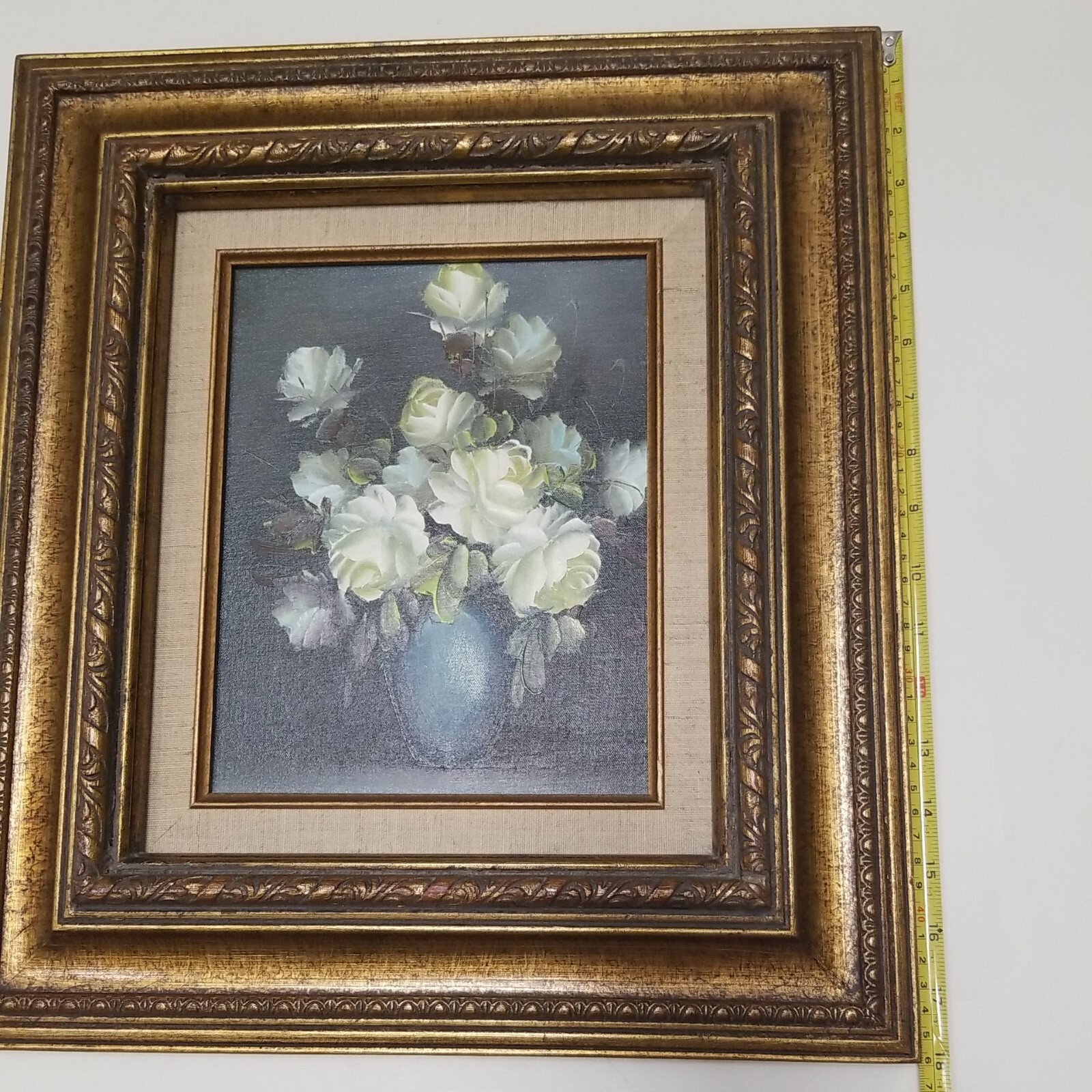 Still Life Oil Painting White Roses Bouquet Flowers In Vase Framed Canvas Signed