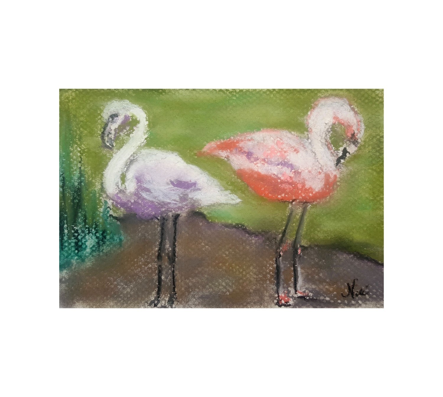 Original Handmade Flamingo Art Small Pastel Painting Wildlife Artwork
