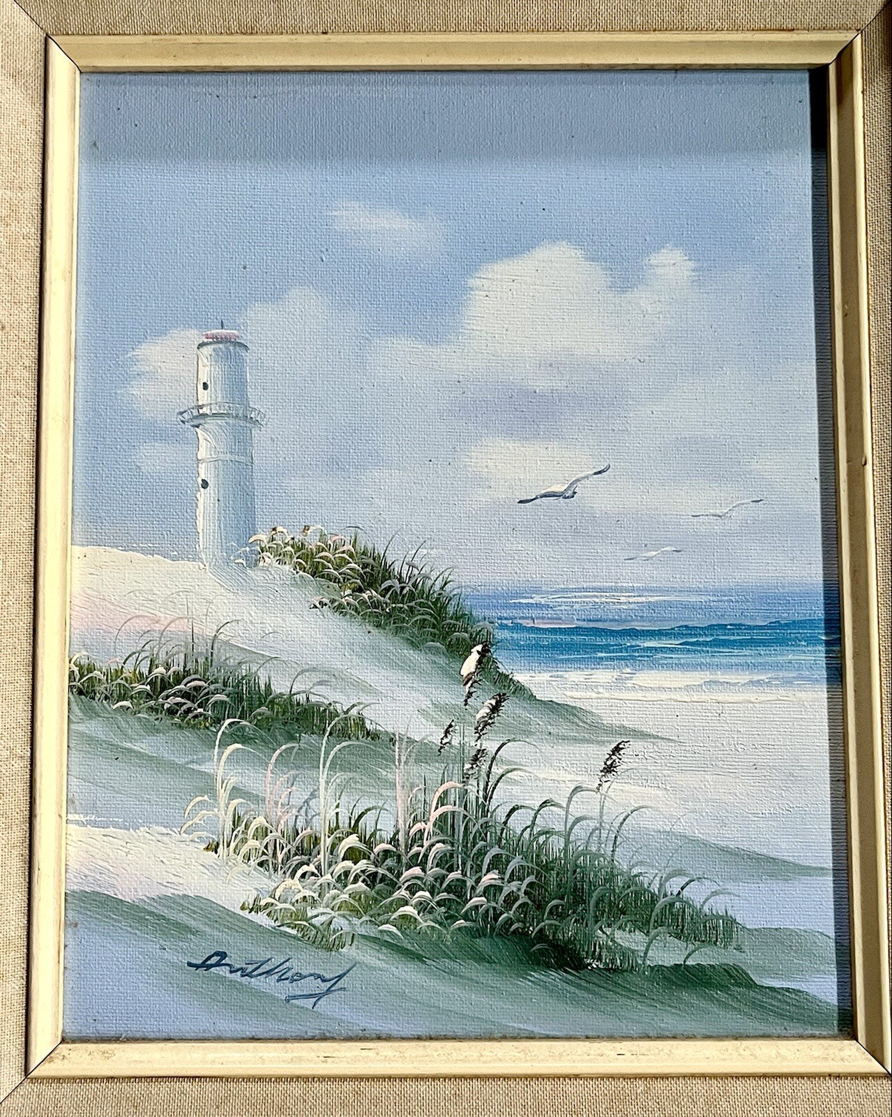 Vintge Shades of Blue ORIGINAL Coastal Lighthouse Seascape SIGNED Anthony FRAMED