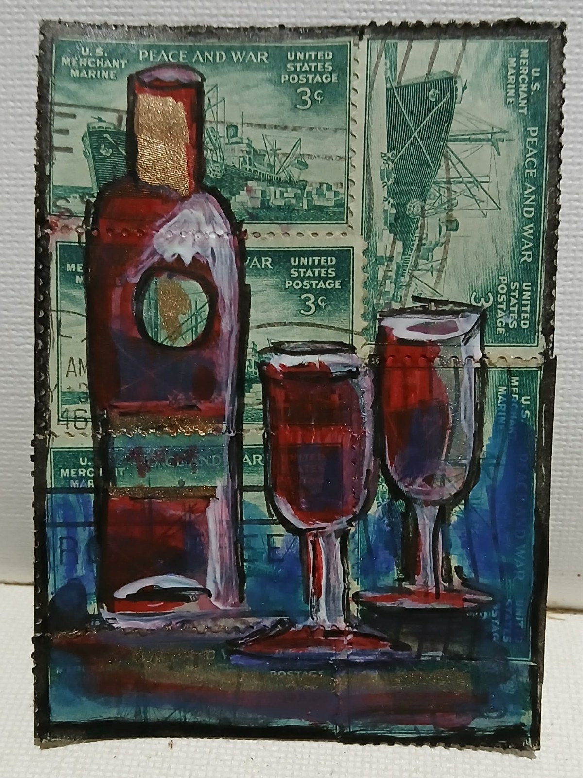 ACEO OOAK Vintage Stamp Art Orange Poppy on Maroon Background Metallic Accent