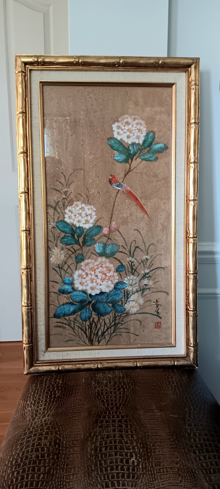 Asian Watercolor Painting Cork Paper Bird / Floral Bamboo Frame Signed 16 x 28