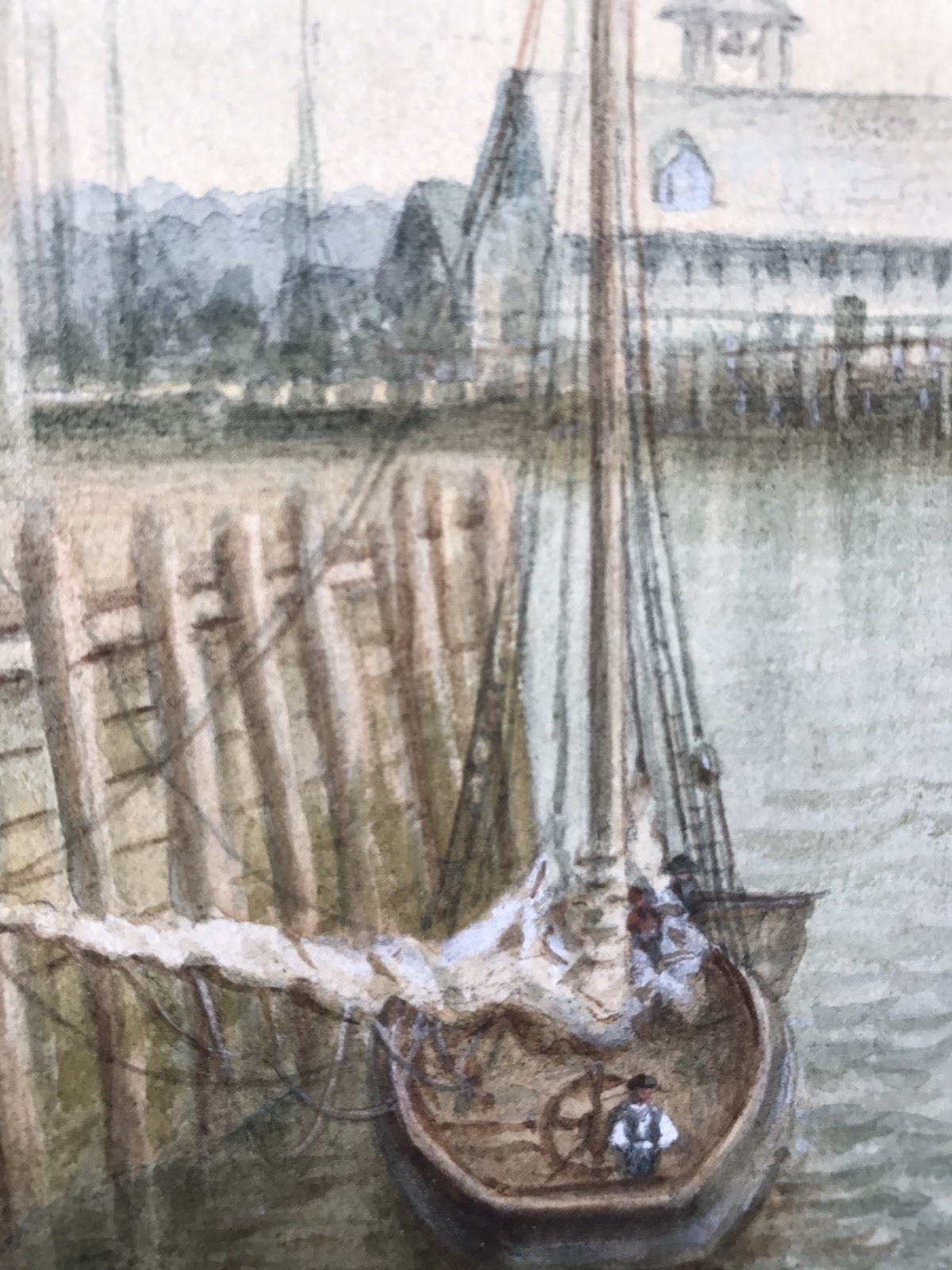 1894 New England Coastal Harbor Fishing Port Painting Boston Massachusetts Label