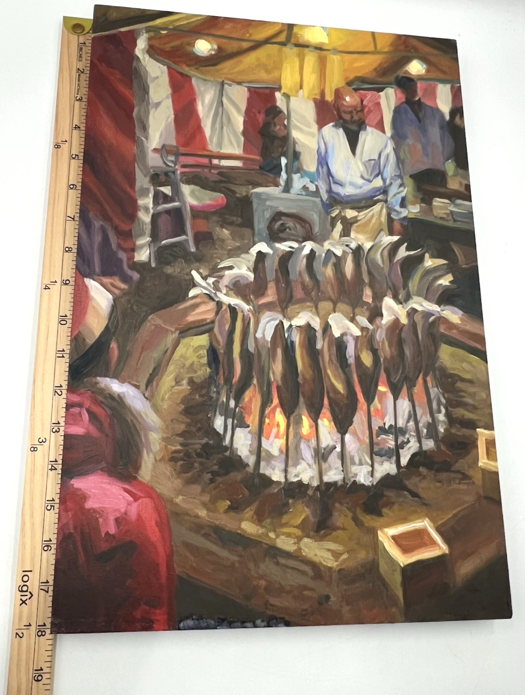 Orig Expressionist Fish Market Oil Painting 12×18 Wood Panel Art Asian Street