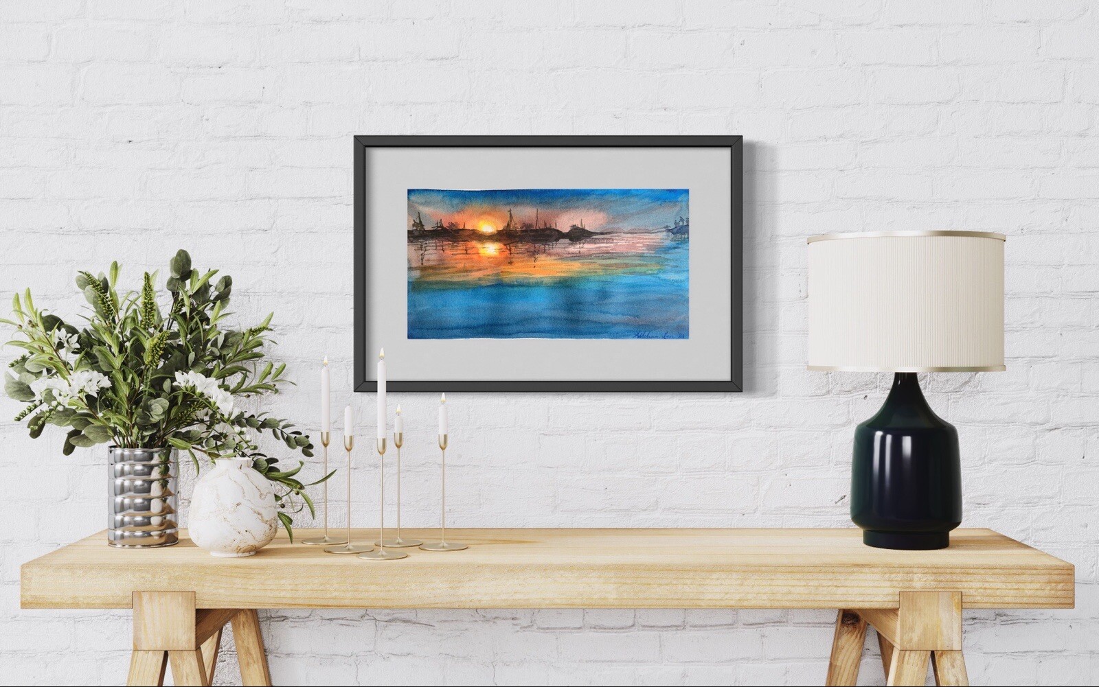 Original watercolor painting Sunset Seascape 12×8 boats marina nautical painting