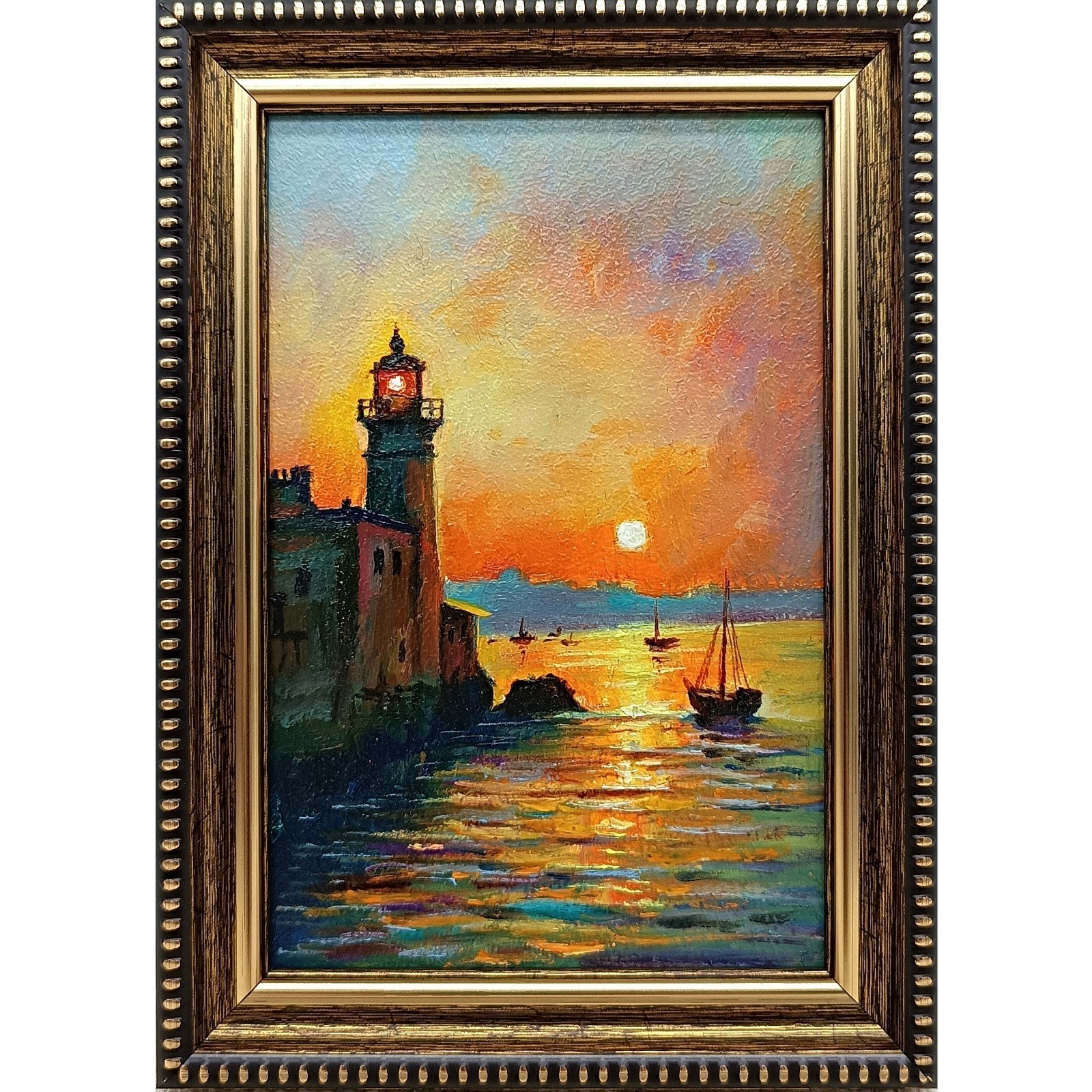 Sailboat Sunset Original Oil Painting 6×4 Framed Signed Sea Landscape Yacht Art