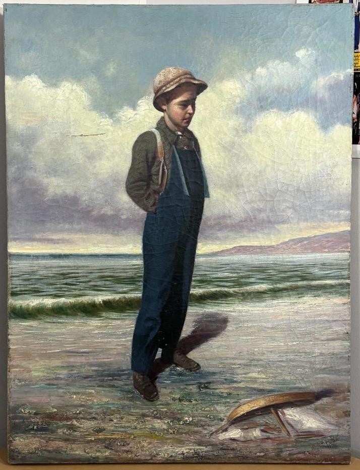 ANTIQUE 19th c. OIL PAINTING YOUNG BOY W/OVERALLS ON BEACH WITH TOY SAILBOAT