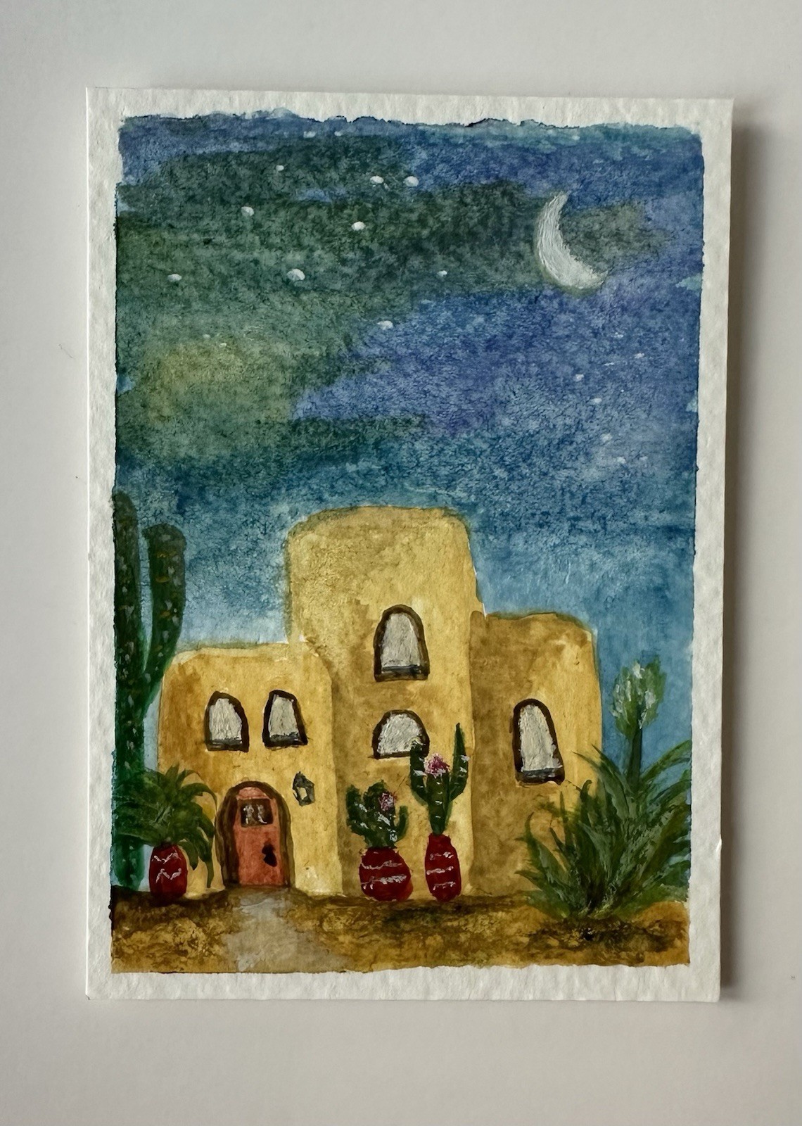 Original ACEO Watercolor Painting Desert Adobe House Crescent Moon Stars Paper