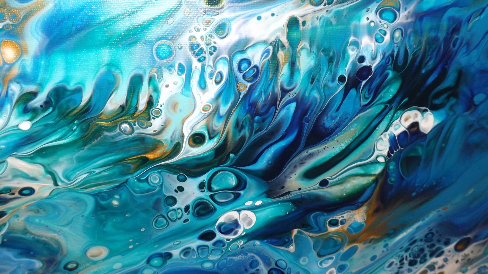 16″ 20″ inch Blue/Green fluid art/ canvas smash w/Gold,green,lake blue,white
