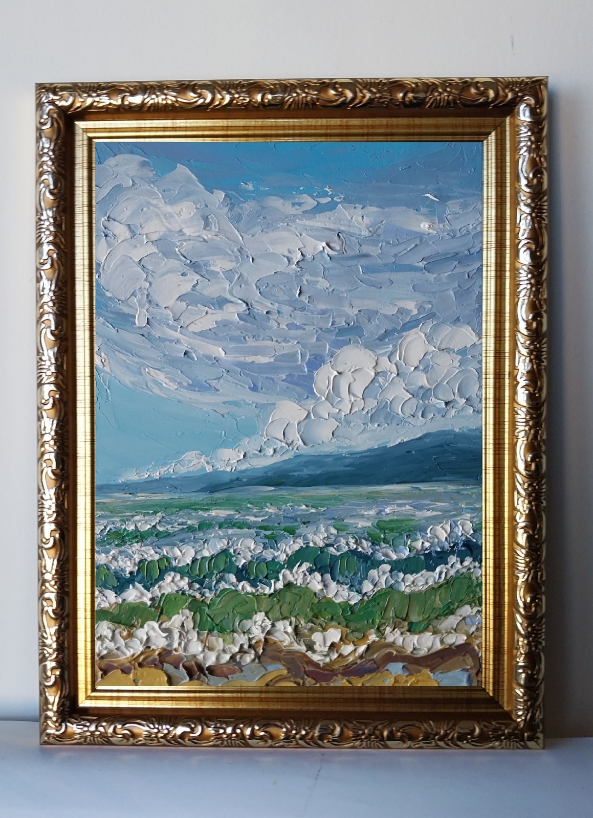 Framed Seascape Seashore Cloudy Sky Art 5×7 inches Impasto Oil Painting Original