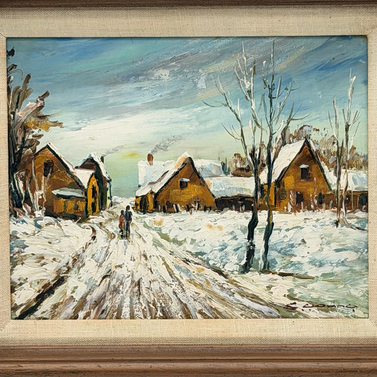 Original Signed Oil Painting Winter Village Snow Scene Impasto Landscape Framed