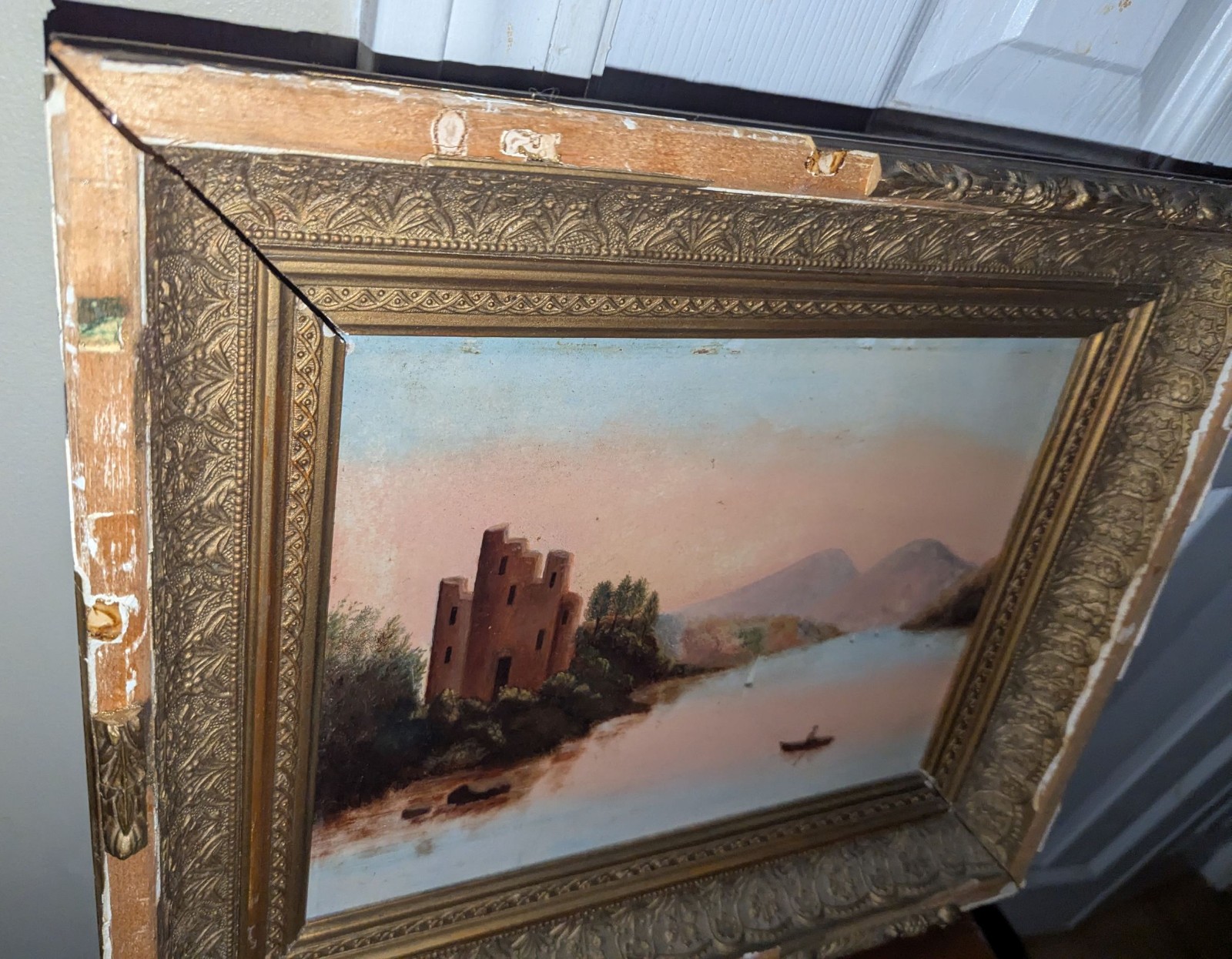 Antique Primitive HUDSON RIVER New York Riverscape Oil Painting On Academy Board